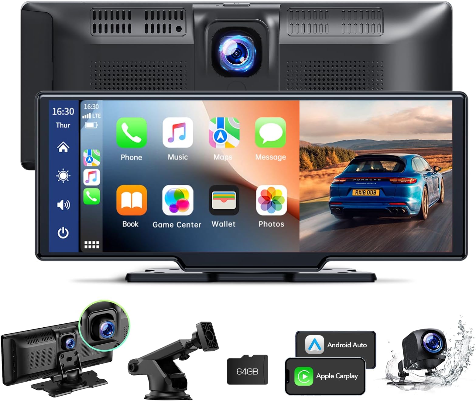 Lamto Wireless CarPlay Android Auto Screen, 9.26-inch Portable Car Stereo with 2.5K+1080P Dashcam Front Rear, Wireless Carplay Screen for Car with Bluetooth,Navigation,Mirror Link,AUX/FM,Voice Control