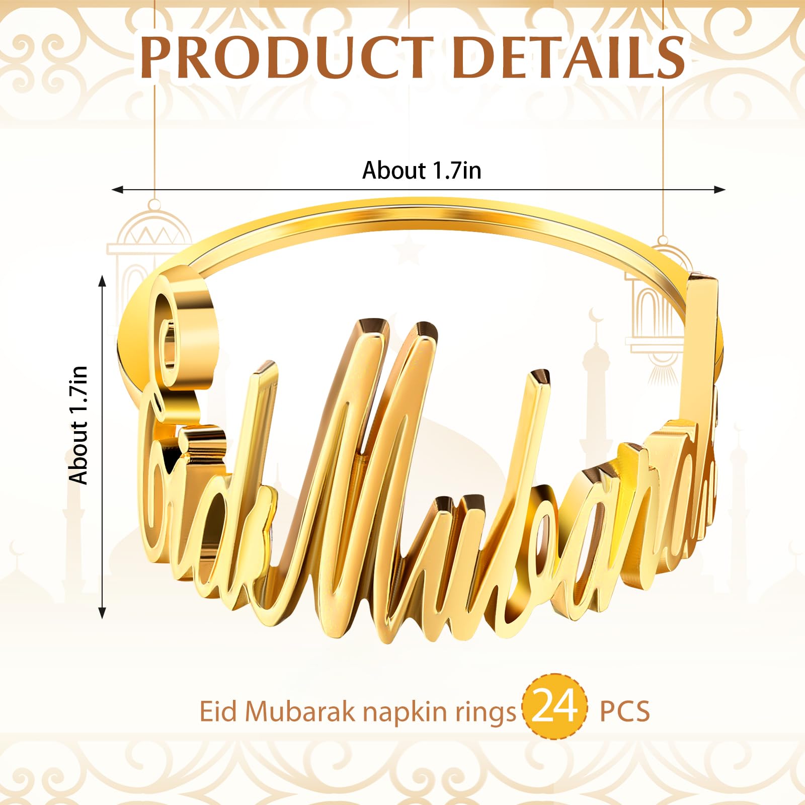 FillTouch 24 Set Ramadan Napkin Rings Eid Mubarak Kareem Letter Metal Napkin Holder Muslim Alphabet Buckles Table Decor for Islamic Party(Gold,Eid Mubarak)