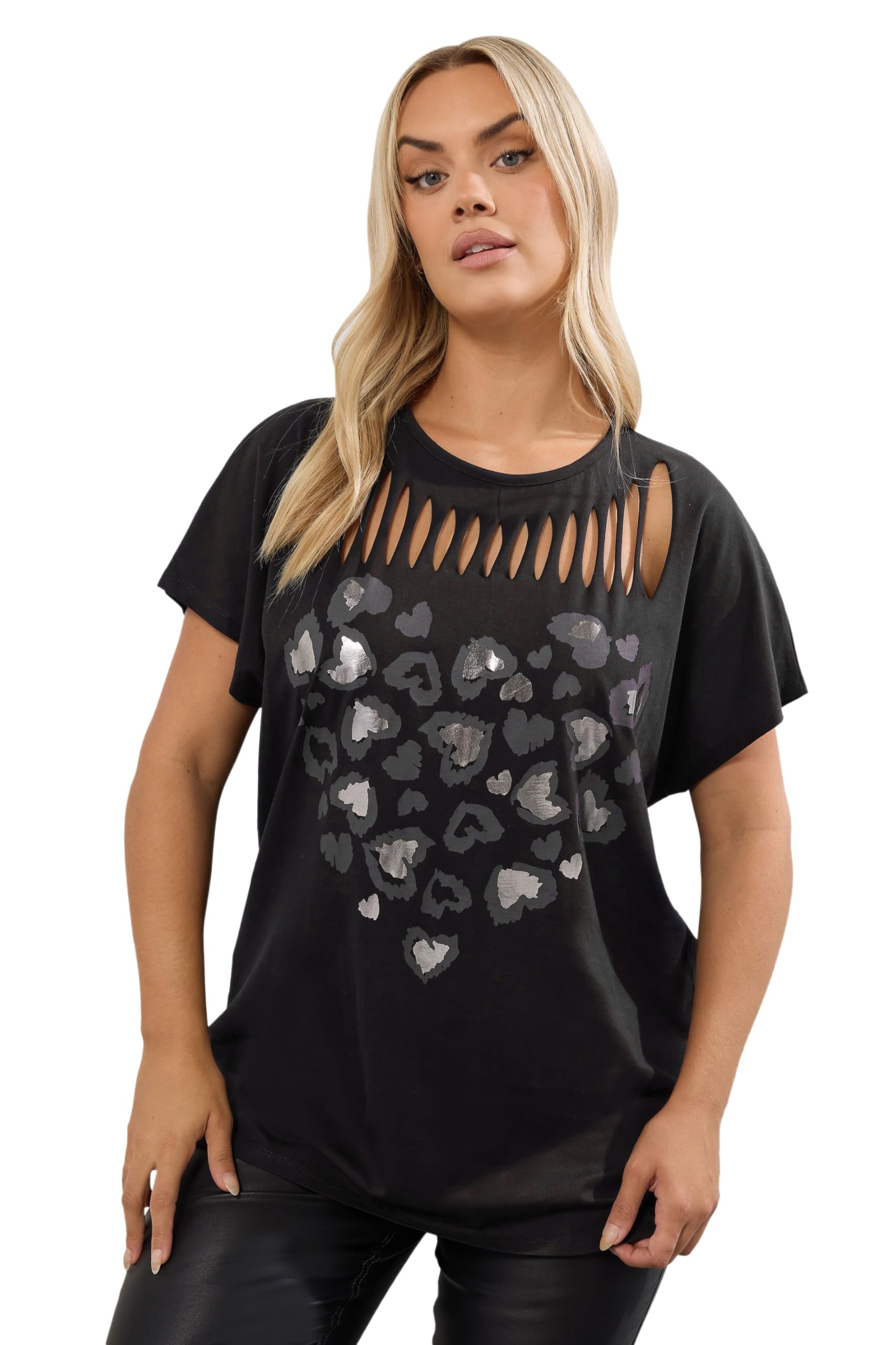 Yours Women's Leopard Heart Slash Detail Top in Black | Size: 22-24