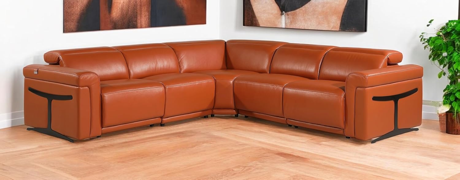 HomeRoots Camel Italian Leather Modular L Shaped Five Piece Corner Sectional