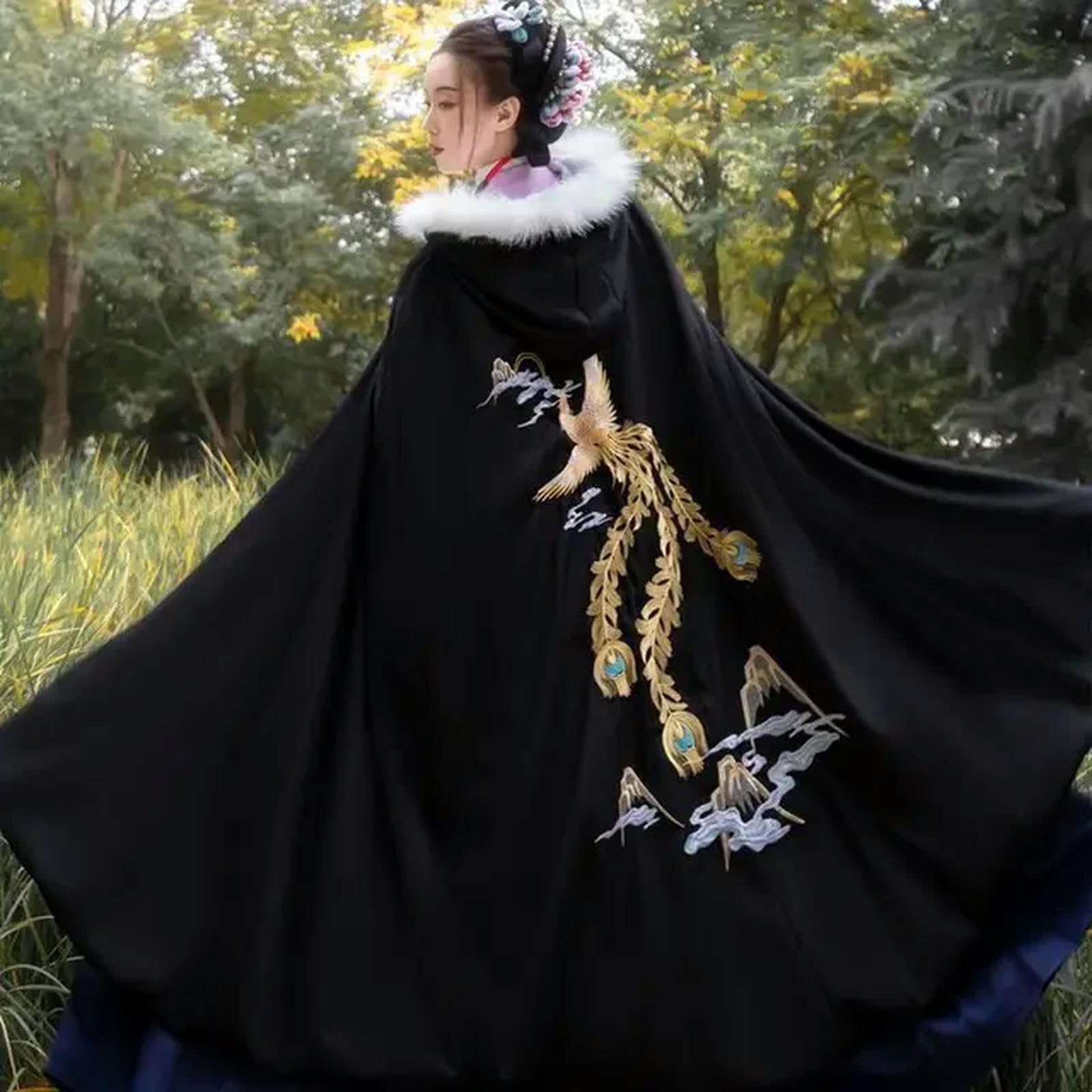 ApuaVireo&Co Hanfu Czarny Czerwony Kolor Haftowany Płaszcz Zimowy Zagęszczony Wydajny Ubranie Dziewczyna Halloween Kostium Cosplay