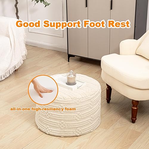 Miniatura 5 de Asuprui Puf otomano reposapiés – Taburete redondo de espuma todo en uno de felpa para un descanso acogedor, puf de piso y decoración elegante (lino)