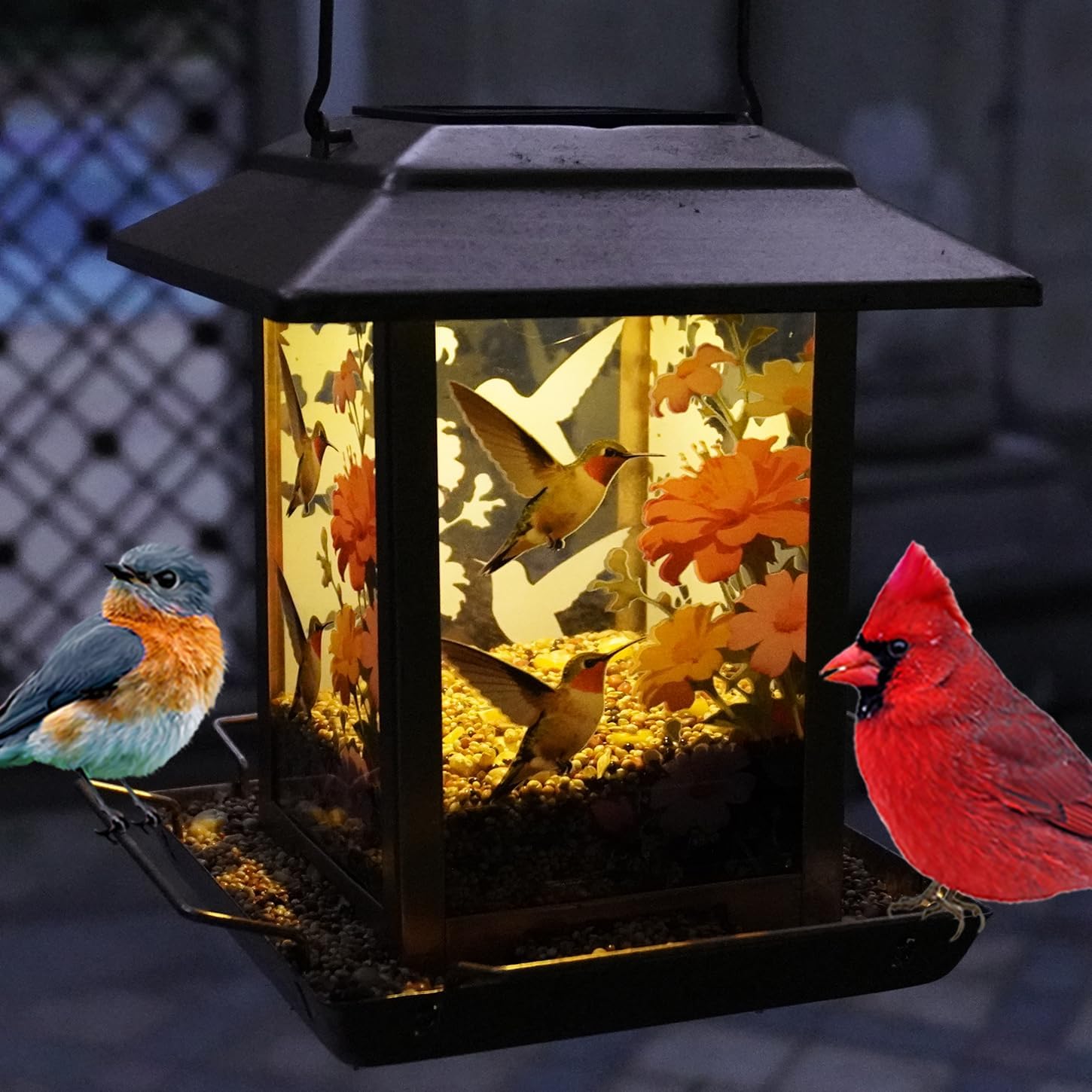 Solar Bird Feeder for Outdoors - 2.5LBs Metal Wild Bird Feeder with Solar Lantern, Large Capacity Hanging Birdhouse for Garden Yard, Ideal Gift for Bird Lovers