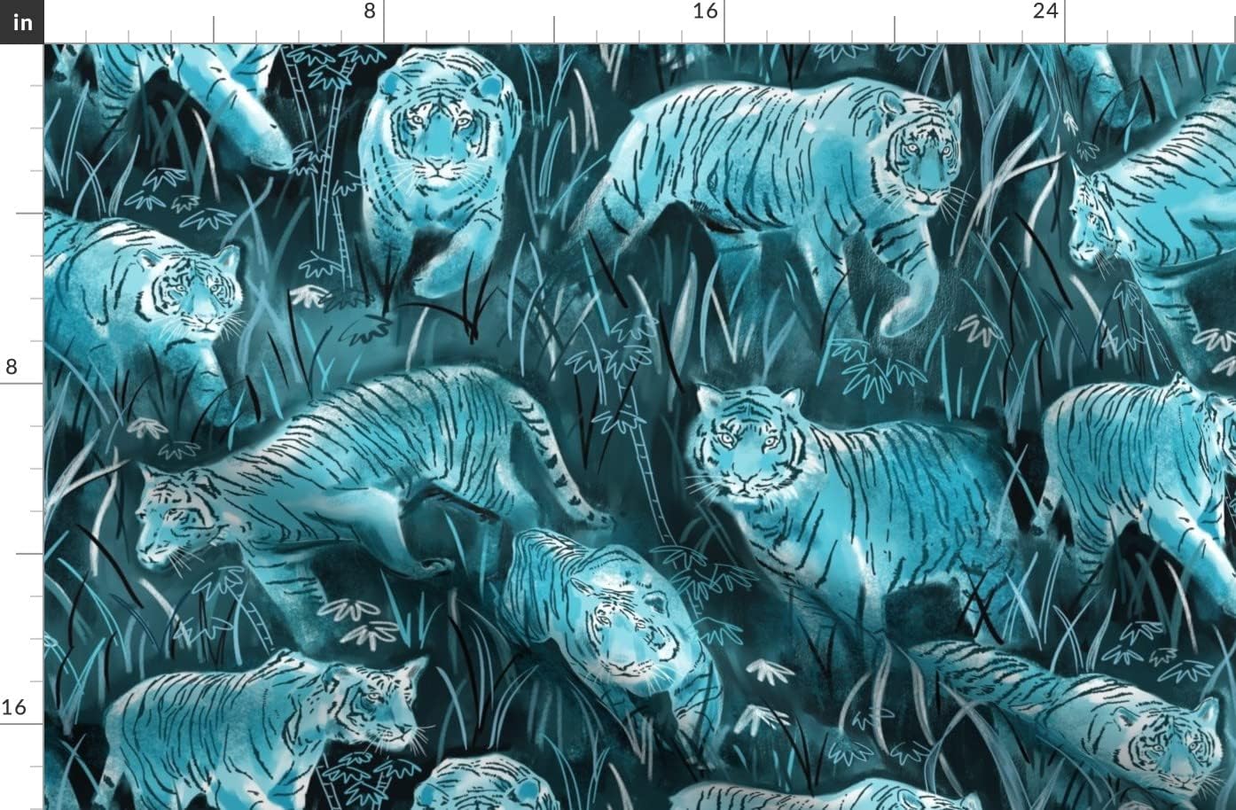 Spoonflower Fabric - Moonlight Monochrome Teal Cats Grass Jungle Night Tiger Black Blue Big Printed on Organic Cotton Sateen Fabric by The Yard - Sewing Quilting Apparel Home Decor