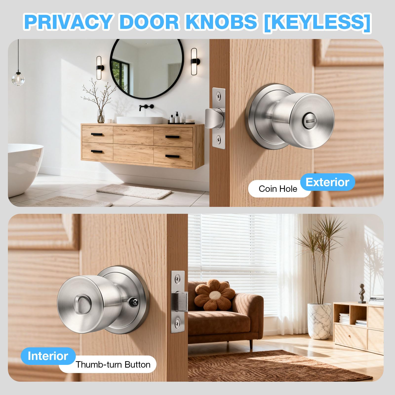 Brushed Nickel Door Knobs - 5 Pack Tulip Privacy Knobs -4