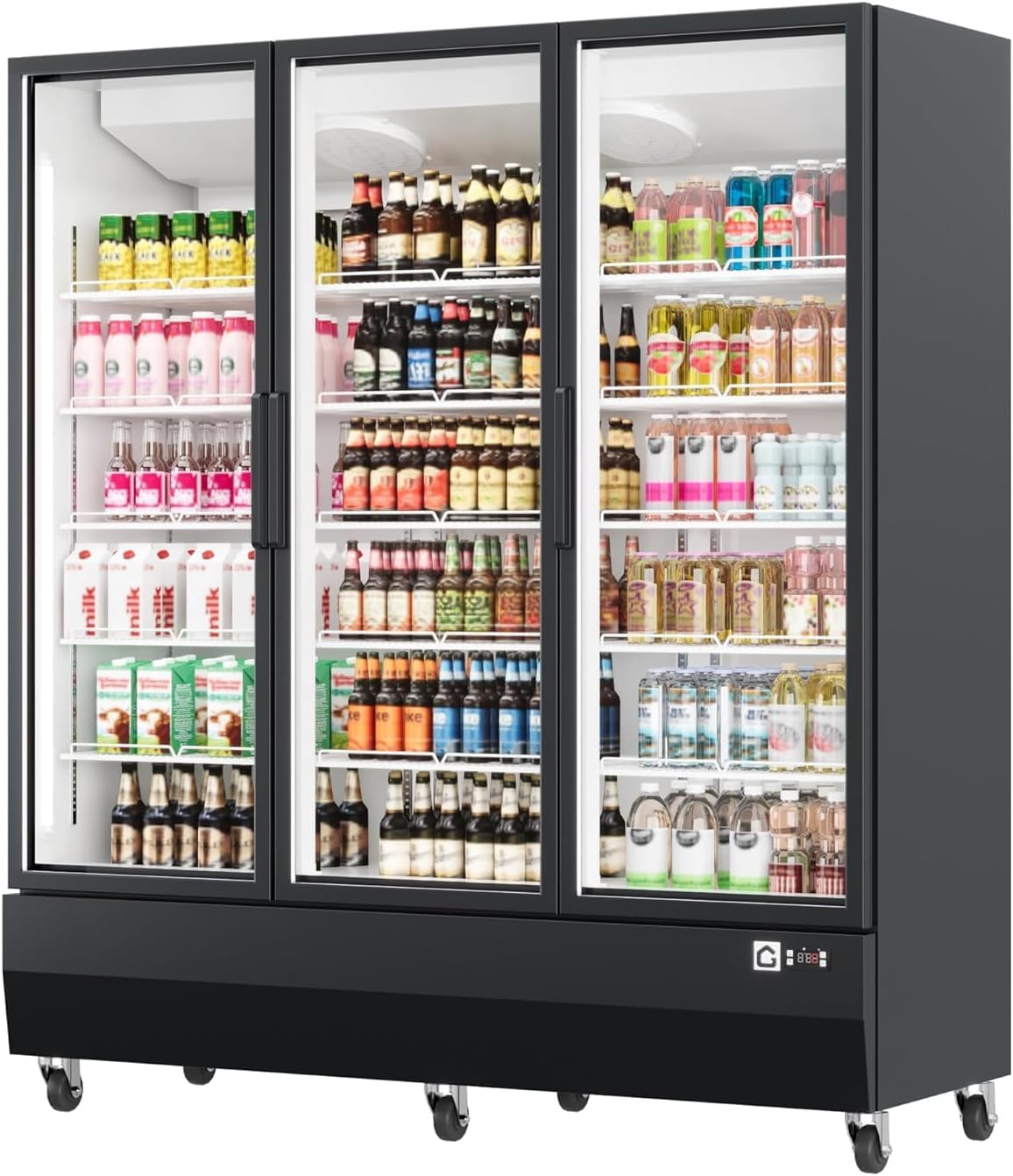 Garvee Commercial Beverage Display Cooler - 46 Cu.Ft Upright Merchandiser Refrigerator with 3 Swing Glass Doors, 15 Adjustable Shelves, Soft LED Lighting & Heavy-Duty Casters - Black