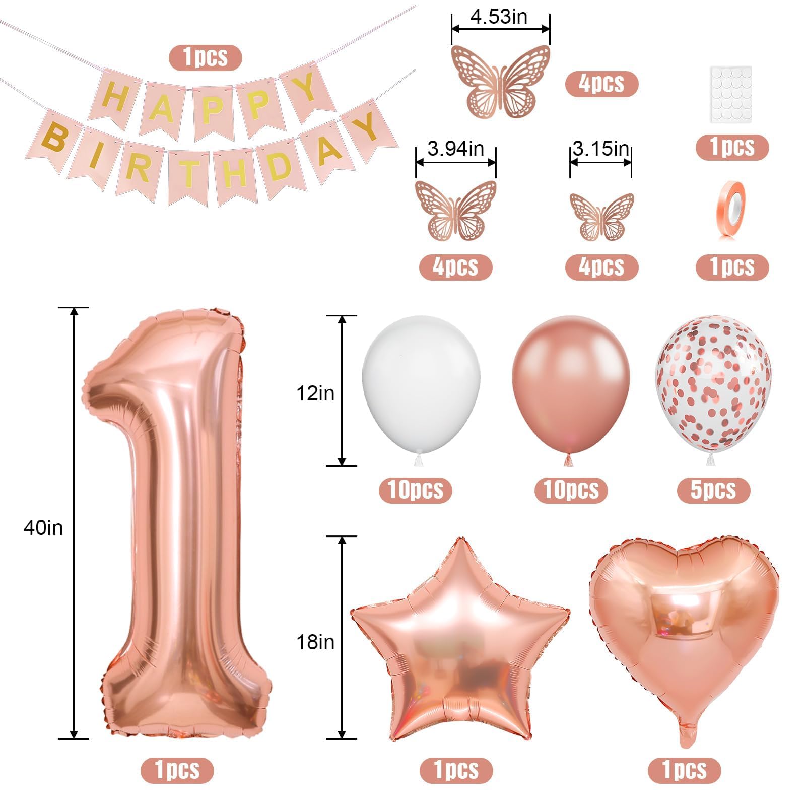 1st Birthday Decoration for Girls, Rose Gold 1st Birthday Balloon, Rose Gold Number 1 Balloon with Butterfly Stickers, Star Heart Foil Balloons Banner Set for Baby 1 Year Old Birthday Party Decor