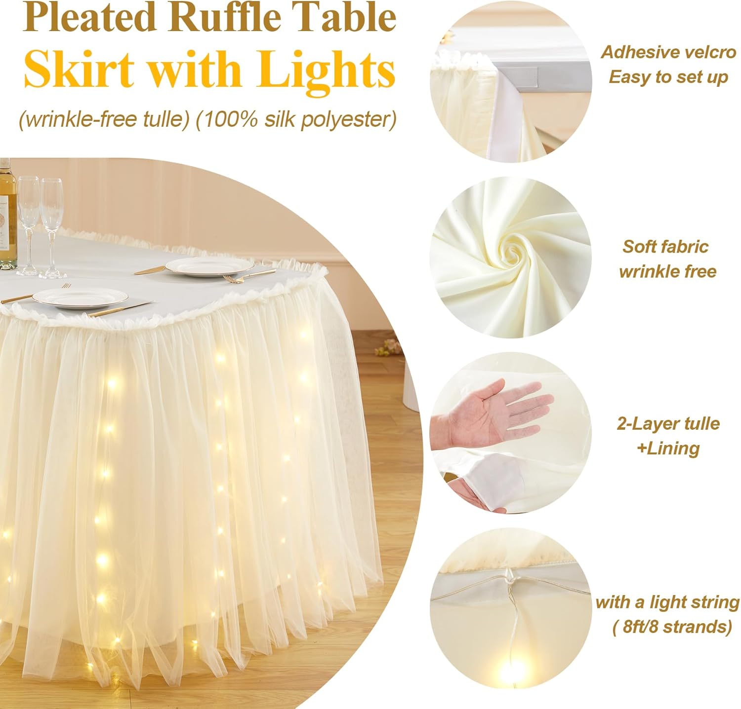 Shillance 17FT Champagne Tutu Table Skirt for Rectangle or Round Tables 2-Layer Ruffle Tulle Cloth Desk Skirt for Birthday Baby Shower Wedding Banquet Cake Dessert Decorations