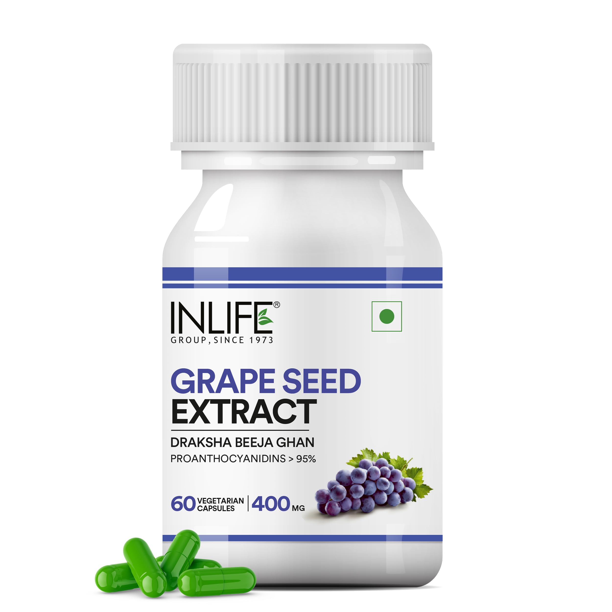 INLIFE Grape Seed Extract (Proanthocyanidins > 95%) Antioxidant, 400 mg - 60 Vegetarian Capsules (Pack of 1, 60)