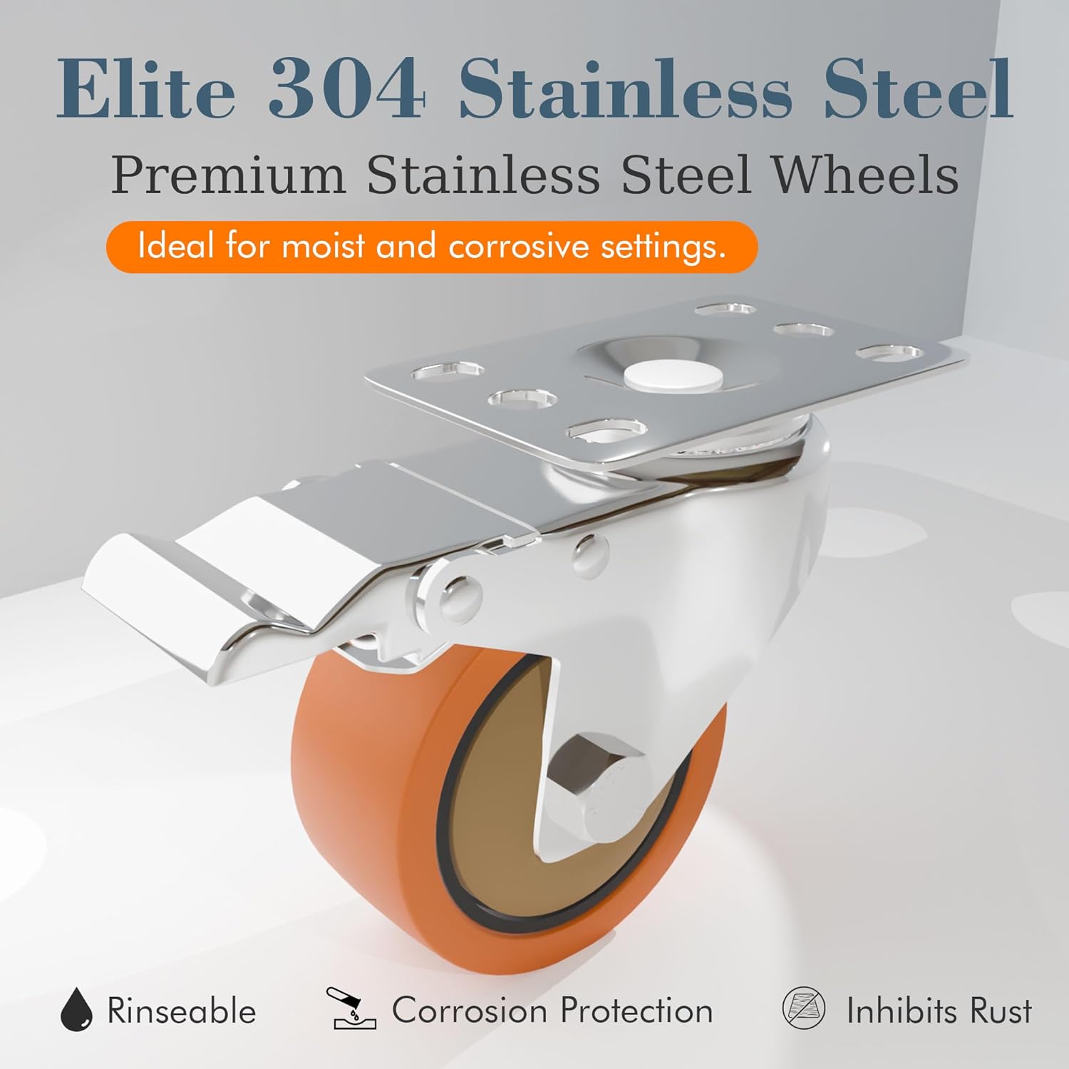 3 Inch 304 Stainless Steel Caster Wheels with Brake, Set of 2, 360° Swivel Rust-Resistant Industrial Casters for Kitchen, Restaurant, Lab, Hospital, Furniture, Workbench