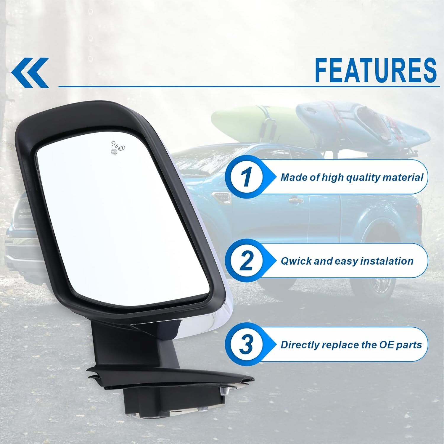 Left Driver Side Mirror Fits 2019 2020 2021 2022 2023 2024 2025 Ford Ranger With Power Folding Power Glass Blind Spot Heated Turn Signal Puddle Light Chrome Replace#KB3Z17683FA(12Pins)