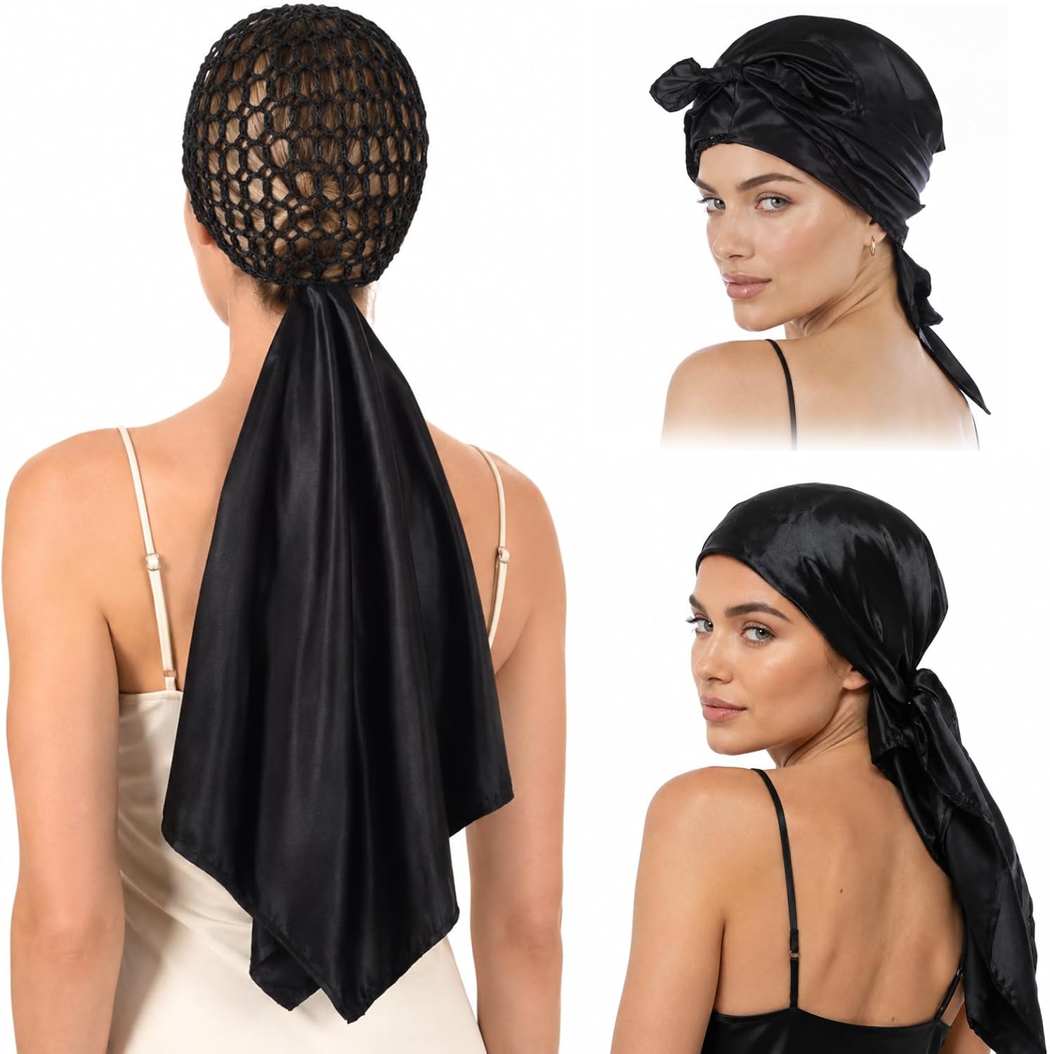 Xinjoduz 1 PCS Wrap Cap Hair Net and Scarf for Silk Press Wrap Black