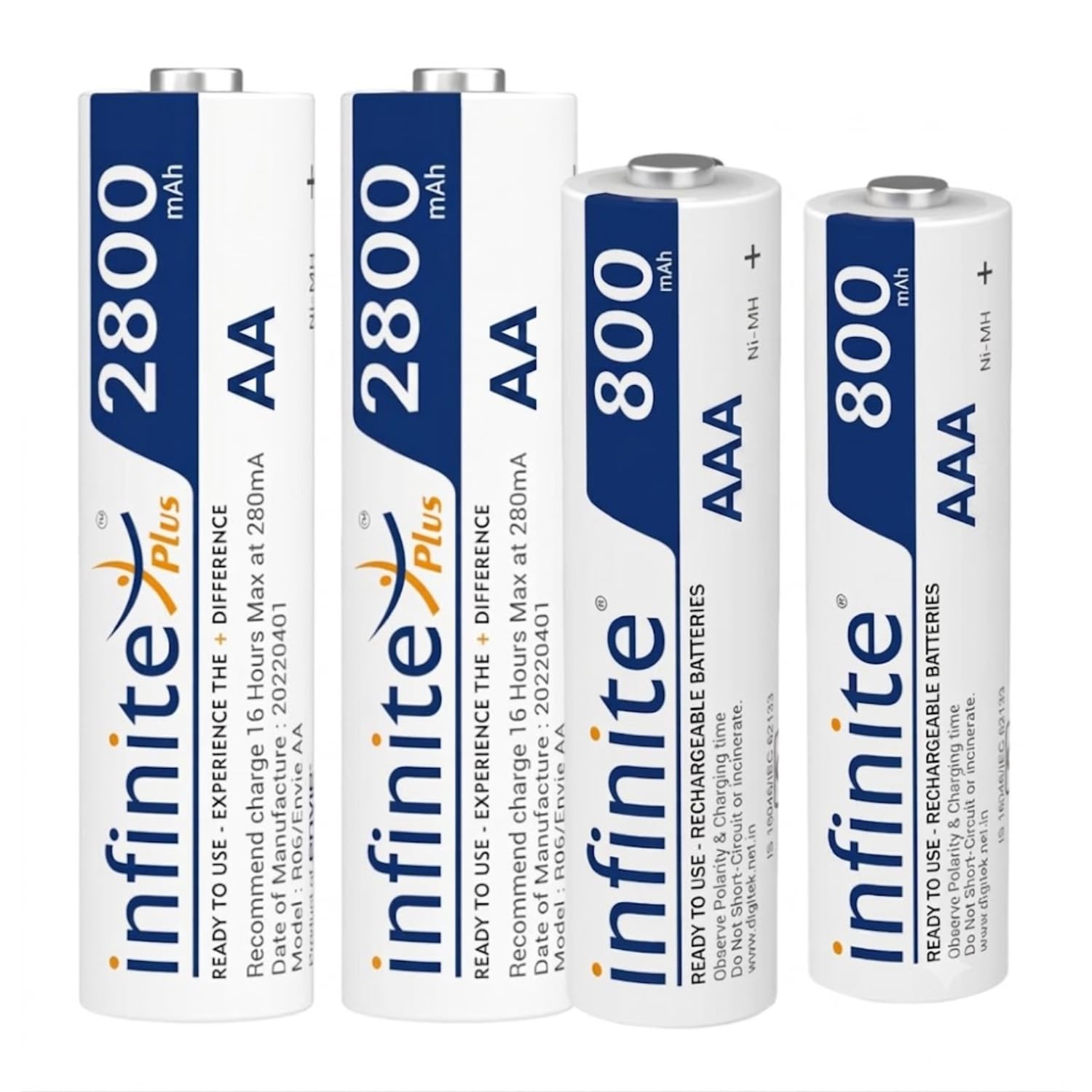 envie 2800mah aa & 800mah aaa rechargeable batteries combo, pack of 2 each | 2800mah aa, 800mah aaa, ready to use, low self discharge, pre-charged