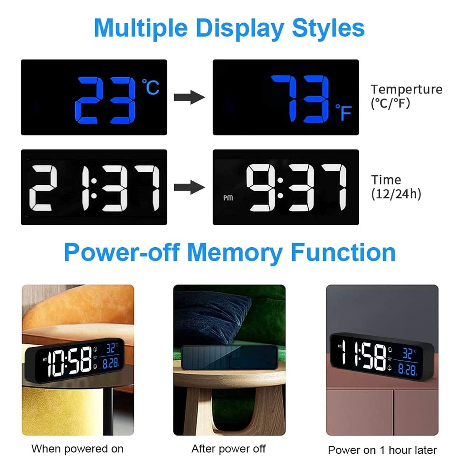 Budzik do sypialni Aceshop 10.4" DOPROWADZIŁO Mirror Bedside Clock Akumulator elektryczny budzik z temperaturą i datą, 40 Muzyka, Dual Alarm, Snooze, 5 Jasność Ściemniana, do Home Office Travel