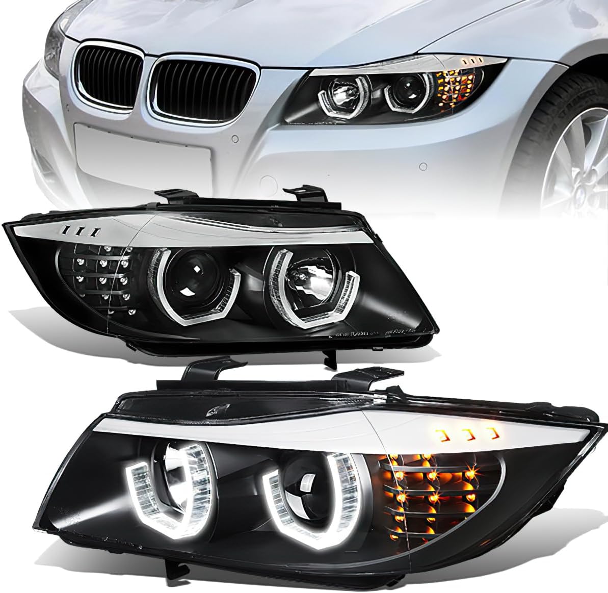 3D Crystal LED Halo Headlight Assembly Compatible with 2005-2008 BMW 3-Series 323i 325i 328i 330i 335i E90 Headlamp Black Housing BM2502133 BM2503134 (Black)