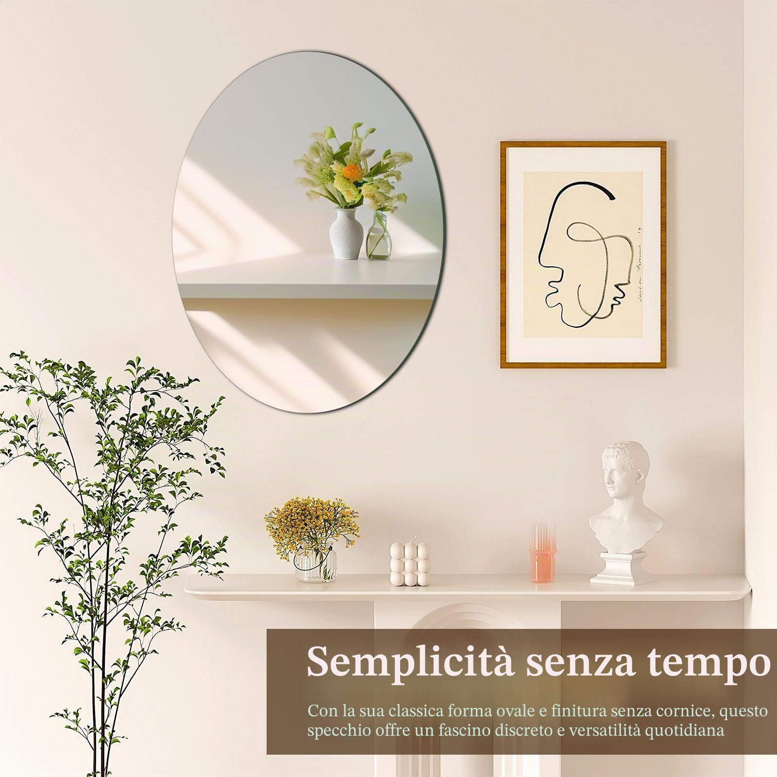 TSKDKIT Specchio da Parete Ovale 50x40cm, Specchio Adesivo Senza Bordo Specchio Ovale Autoadesivo in Vetro Grande senza Distorsione Specchio HD Decorativo per Bagno, Ingresso, Camera da Letto