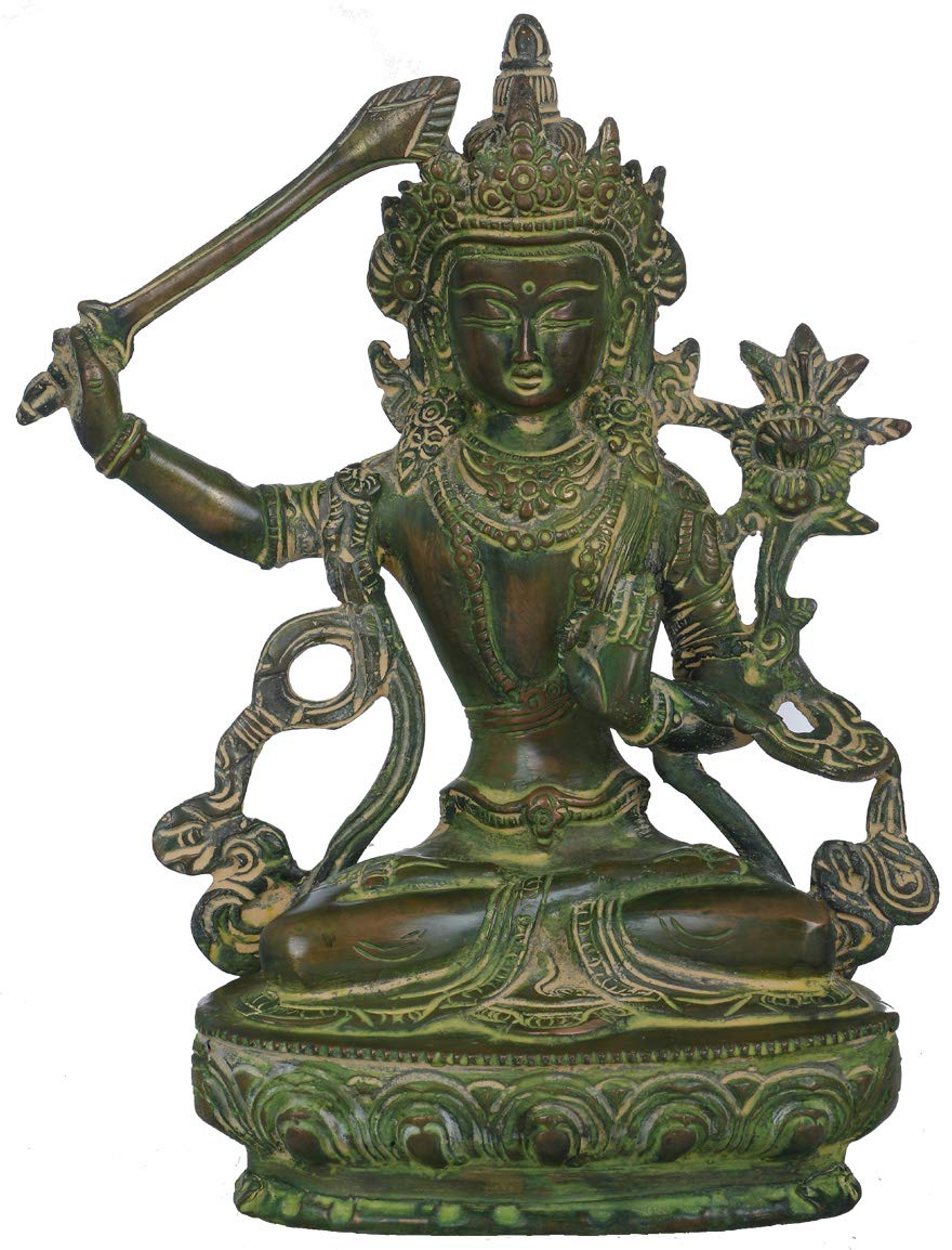Statuette tibétaine en laiton Manjushri : objet rituel bouddhiste d'autel