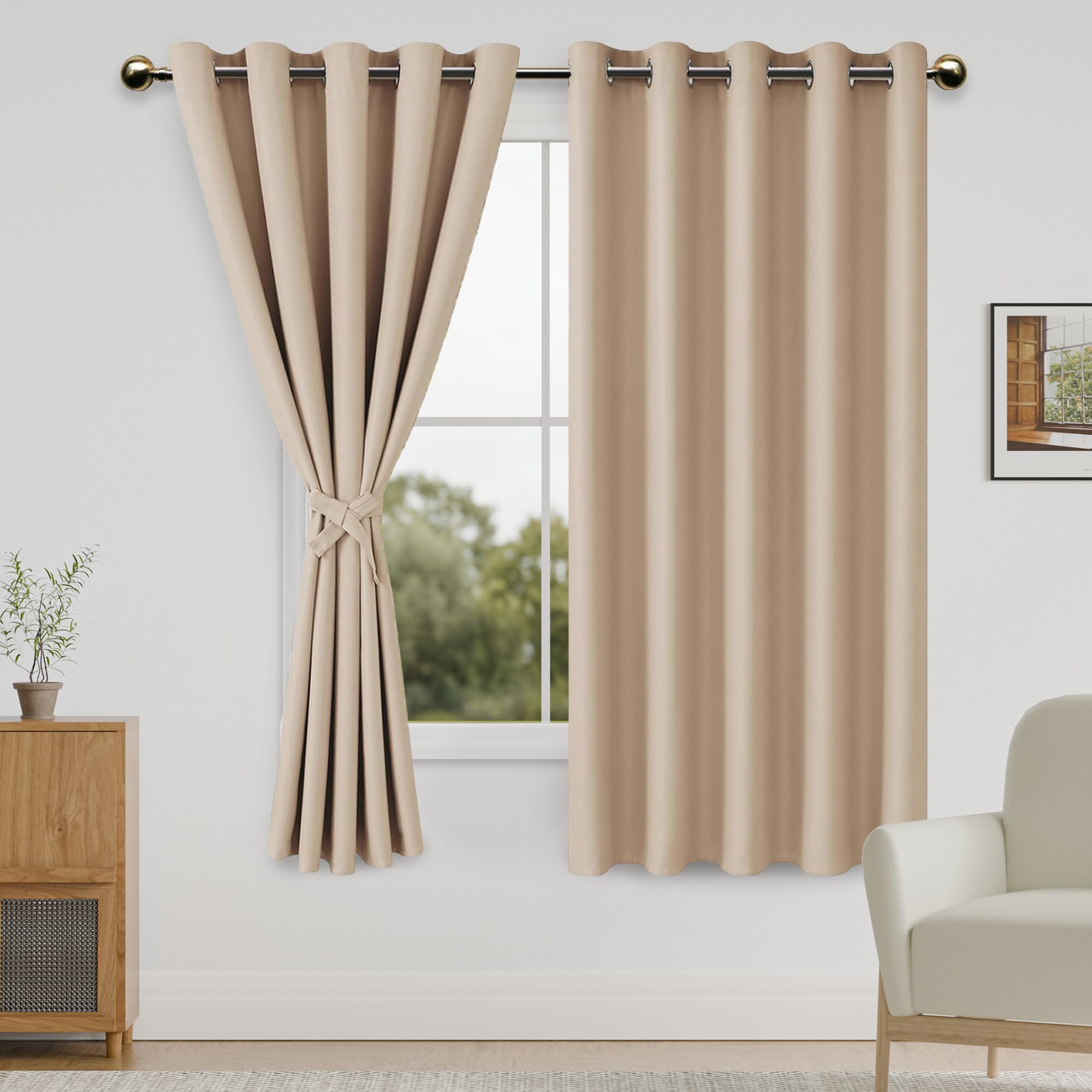 DWCN Blackout Curtains for Bedroom with Tiebacks - Room Darkening Privacy Grommet Top Window Curtains for Living Room, 60 x 63 inch Length, Beige, Set of 2 — image 1