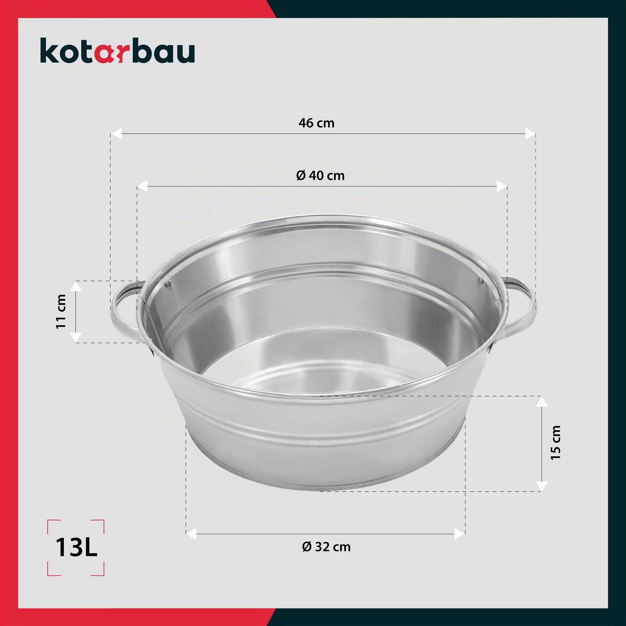 KOTARBAU® Bassine Metal Ronde en Acier galvanisé 13 L avec Oreilles | Pot à Fleurs |Baignoire Ronde | Bassine Confiture Cuivre | Lessiveuse pour Jardin