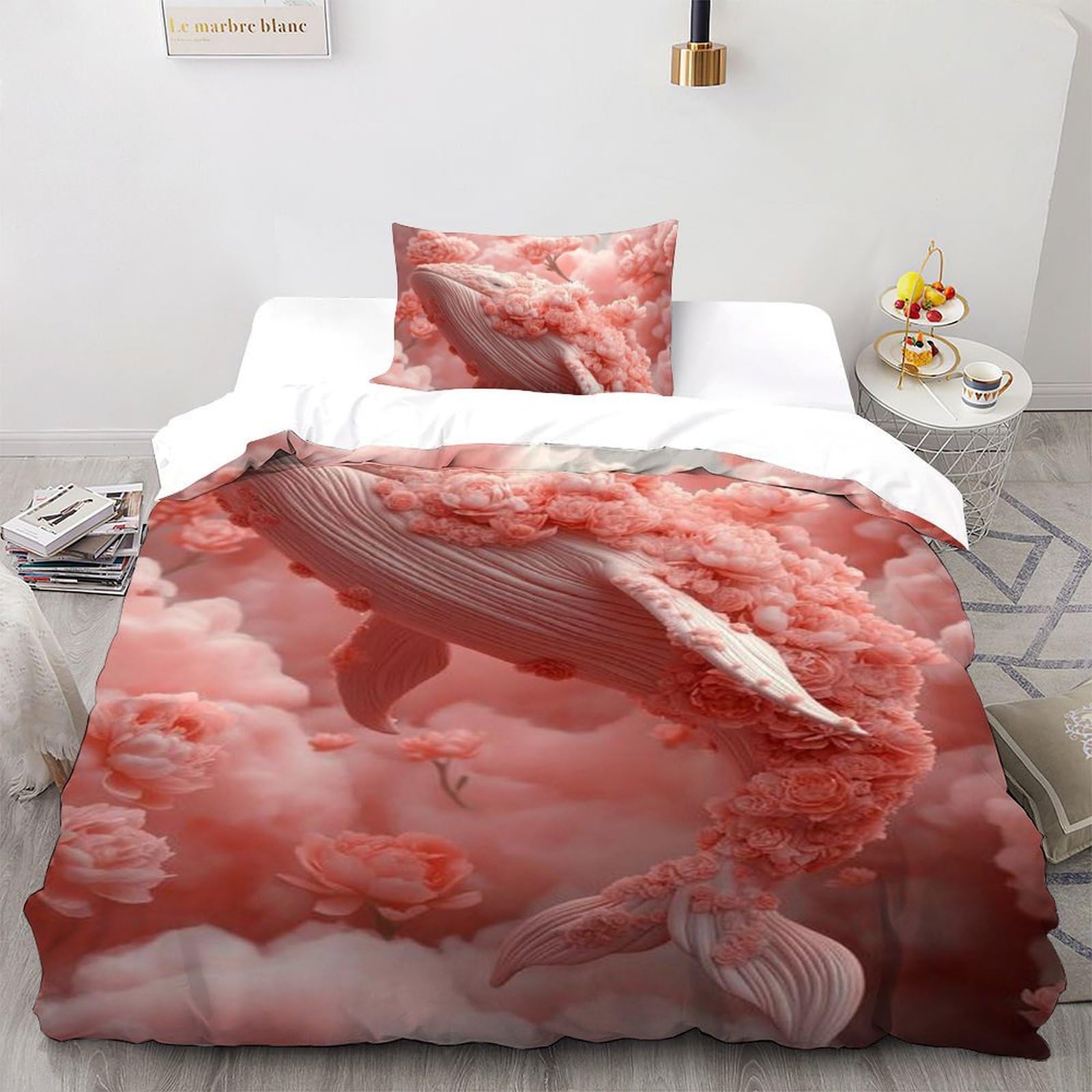 Housse de couette 135x200cm douce et taie d'oreiller baleine rose enfant