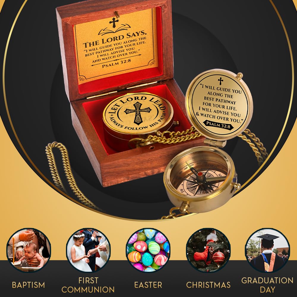 Brújula de bolsillo de latón grabada, Salmo 32:8, regalos de primera comunión, regalos de bautizo para niños y niñas, regalos de confirmación para hombres, regalos de Pascua cristianos