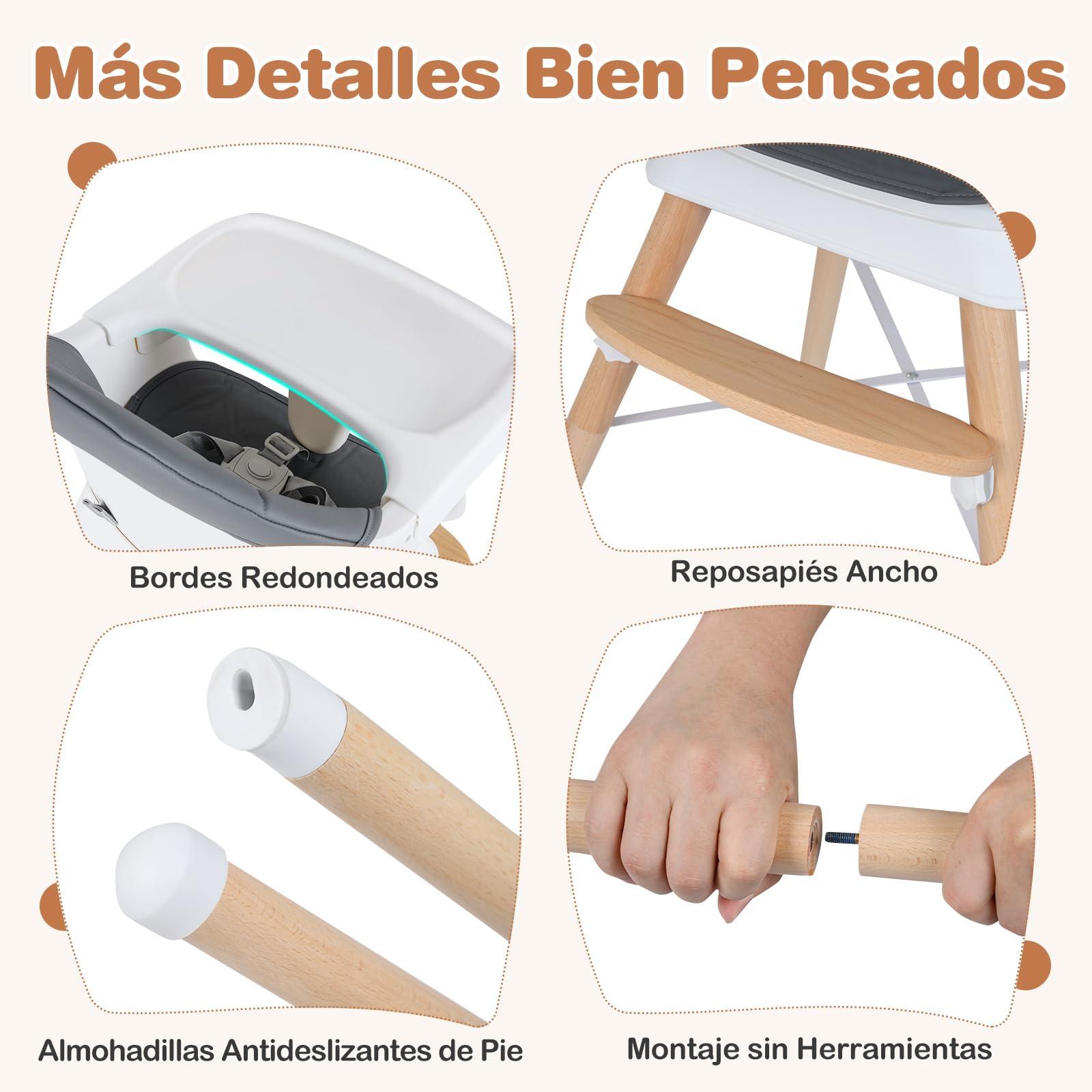 COSTWAY Trona Convertible para Bebés, Silla Alta de Alimentación Evolutiva con Bandeja y Cojín Desmontables, Arnés de 5 Puntos y Patas de Madera, Taburete Portátil Infantil para 6-36 Meses
