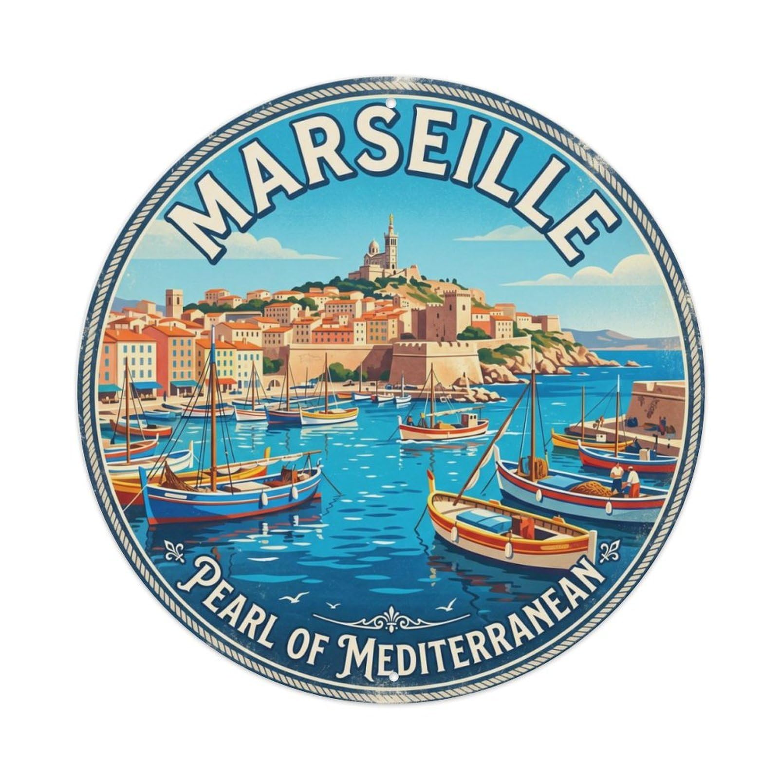 Vintage Travel Marseille France Harbor Metal Tin Sign Plaque Wall Decor for Cafe, Club Bar, Office, Home Garden Round Metal Poster 8x8Inch