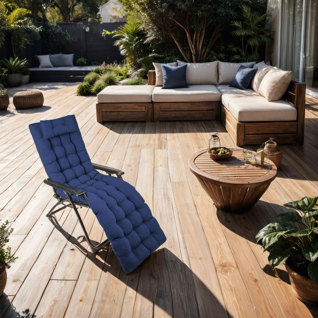 Coussin chaise longue inclinable avec oreiller appuie-tête, coussins pour chaise de jardin, coussins de chaise longue (bleu, 180 x 55 cm)