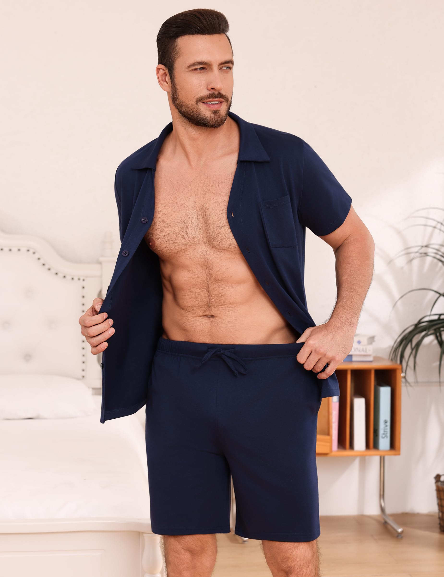 Bresdk Pijamas Hombre Verano Corto Algodon con Camisa Abotonada y Shorts Ropa de Dormir Manga Corta