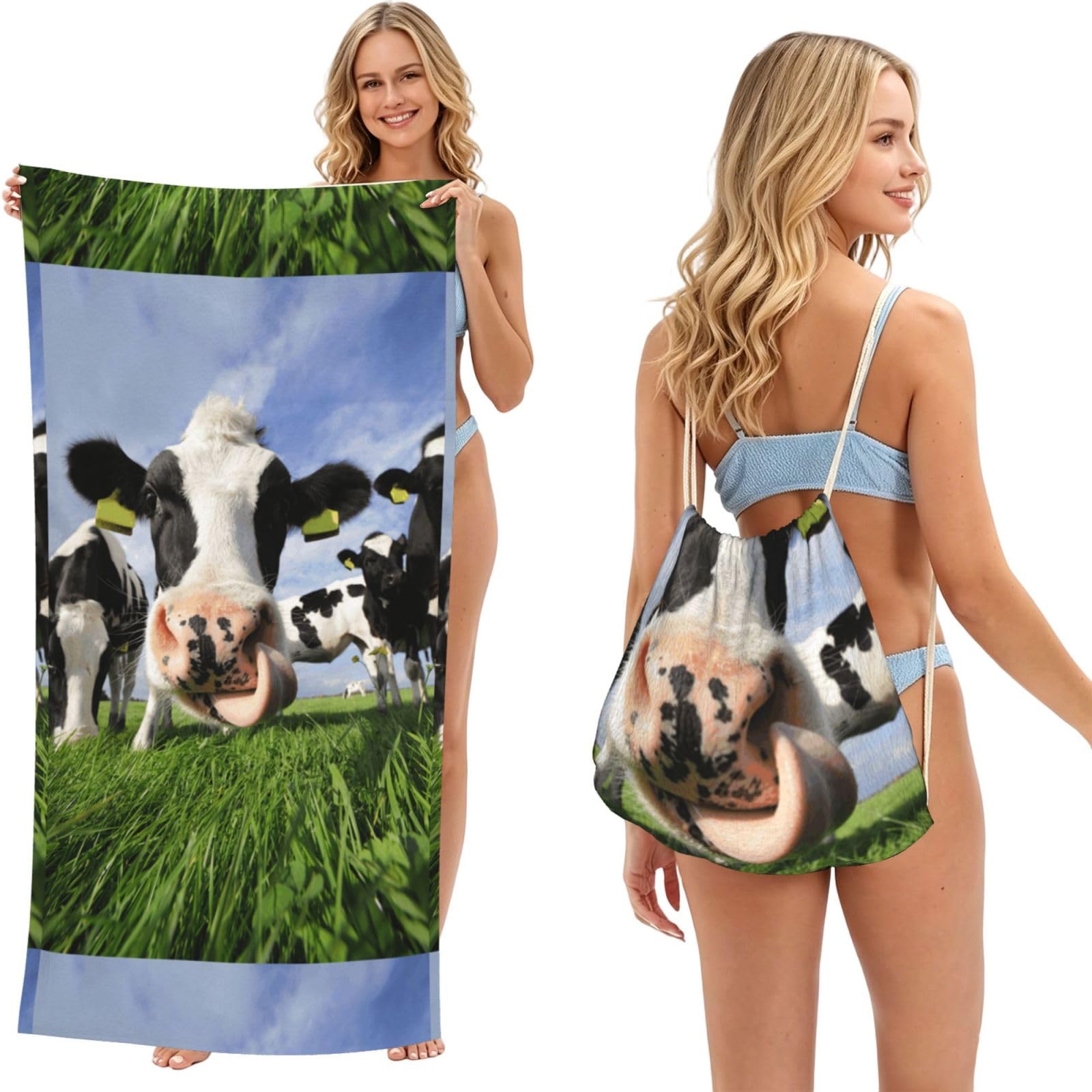 Poadnly As Picture Dutch Cows, 2 In 1 Packable Towel Bag, Beach Towels With Drawstring Backpack For Travel Holiday Camping