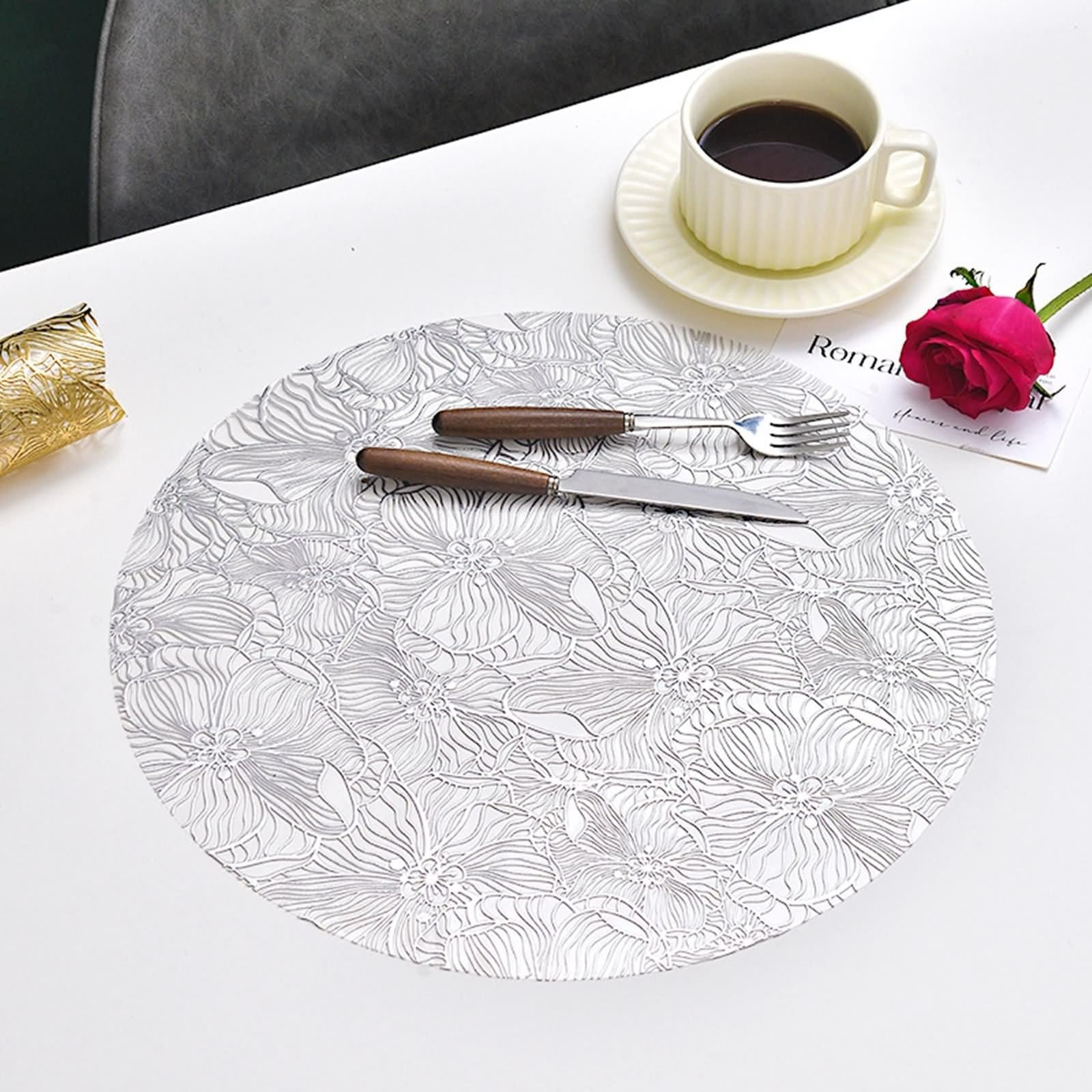 Set de table 4 fleurs papillon argenté lavable et résistant