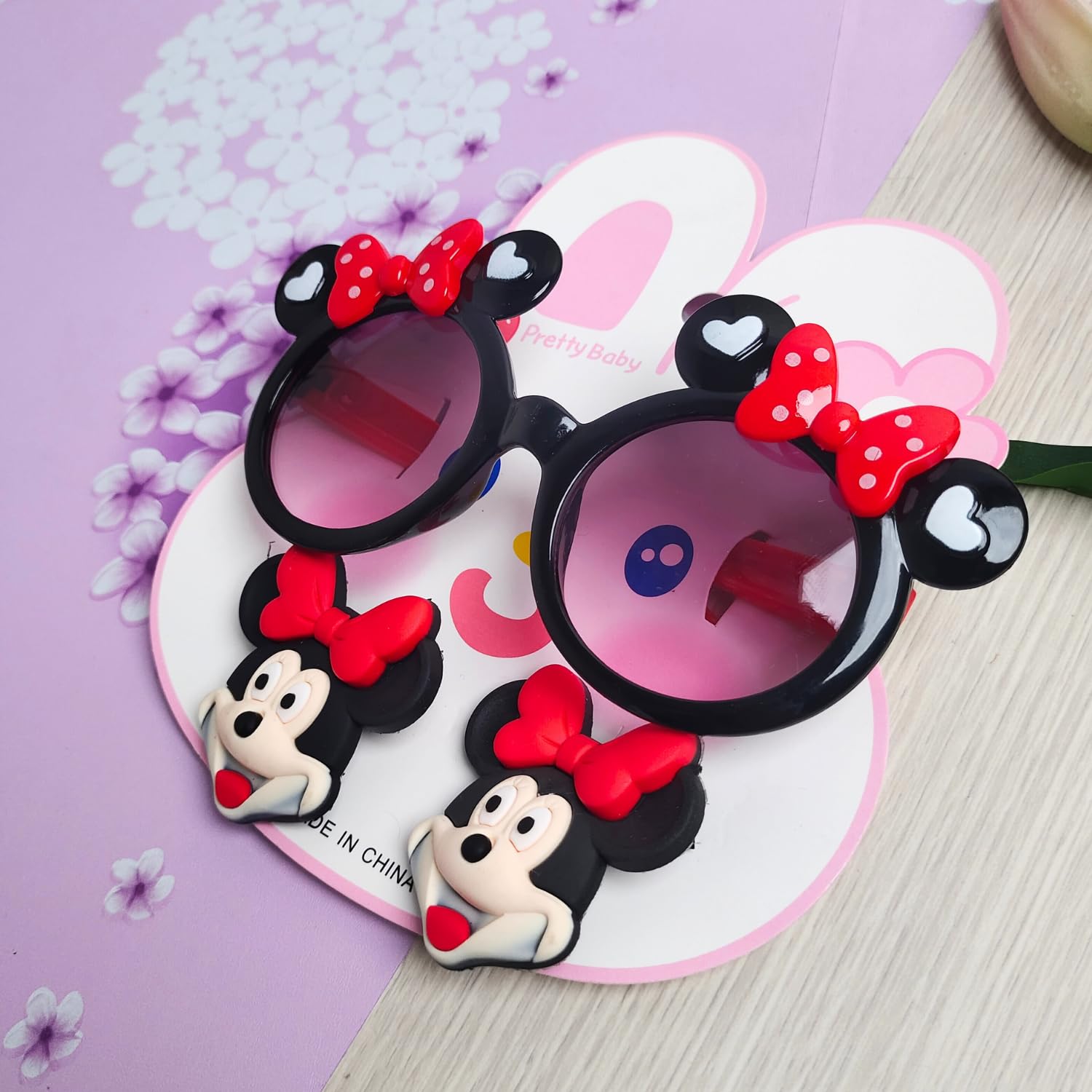 Fashion Alley Pack of 3 Kids Sunglasses and Hair Clips Set | Cartoon Mouse Shape Frame with Bow Design Heart Lenses | Fancy Dress Party Photo Props Eyewear | Kids Girls Costume Accessory (Black) 4