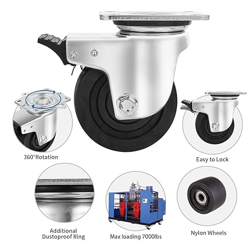 Miniatura 10 de Juego de 4 ruedas de 3 pulgadas, ruedas resistentes de 4400 libras, ruedas industriales con freno, diseño de centro de gravedad bajo, ruedas