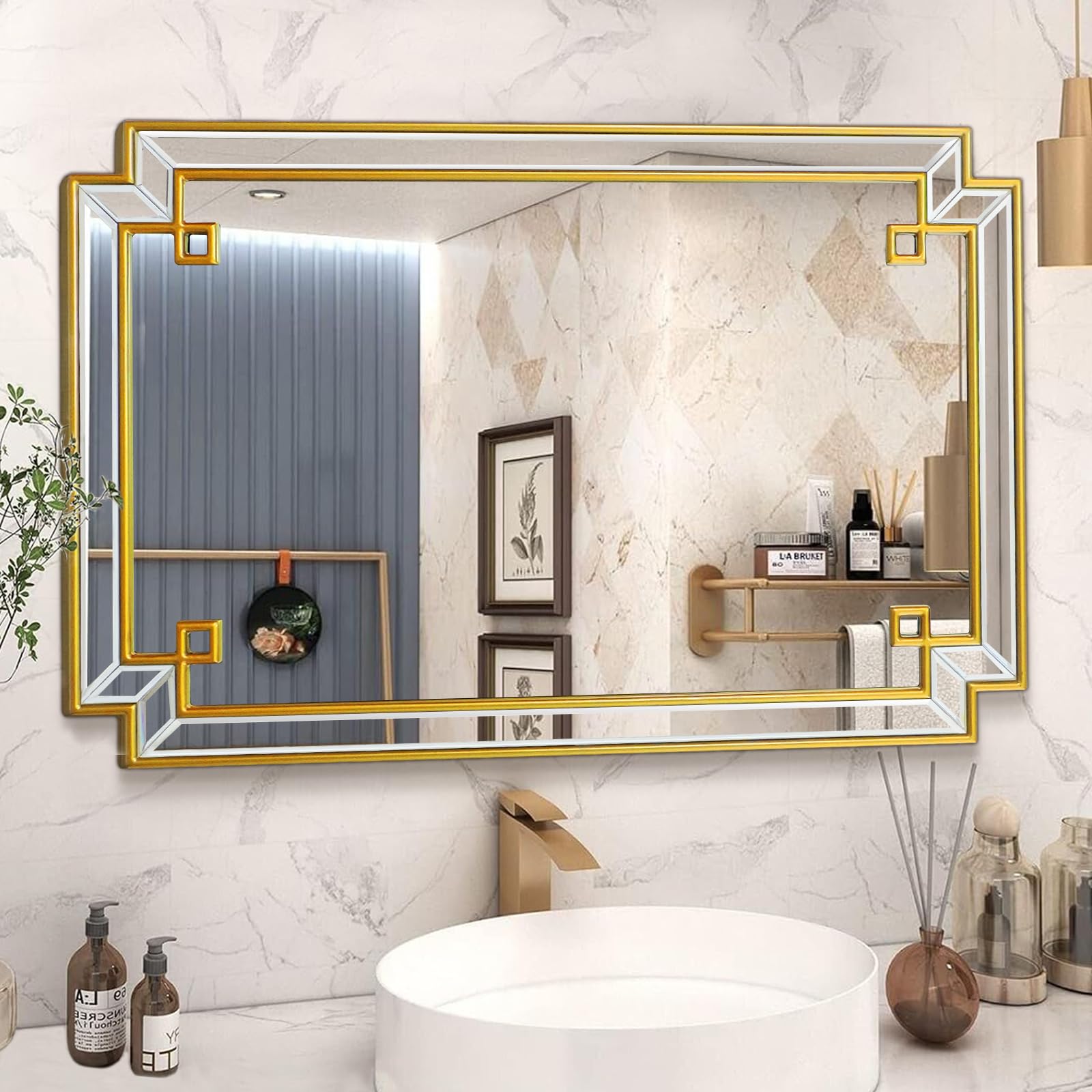 30"x40" Wall Mirror for Bathroom, Gold Rectangle Bathroom Vanity Mirror with Wood Frame, Modern Decorative Wall Mirror for Living Room Bedroom Fireplace Entryway (Horizontal/Vertical)