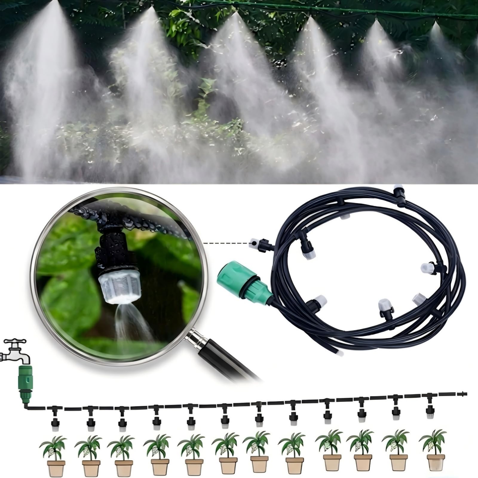 Kit de tuyau d'arrosage multifonction pour serre de jardin, système d'arrosage de pelouse avec 10 buses de brumisation, 10 m, 32,8 pi, PVC, ABS