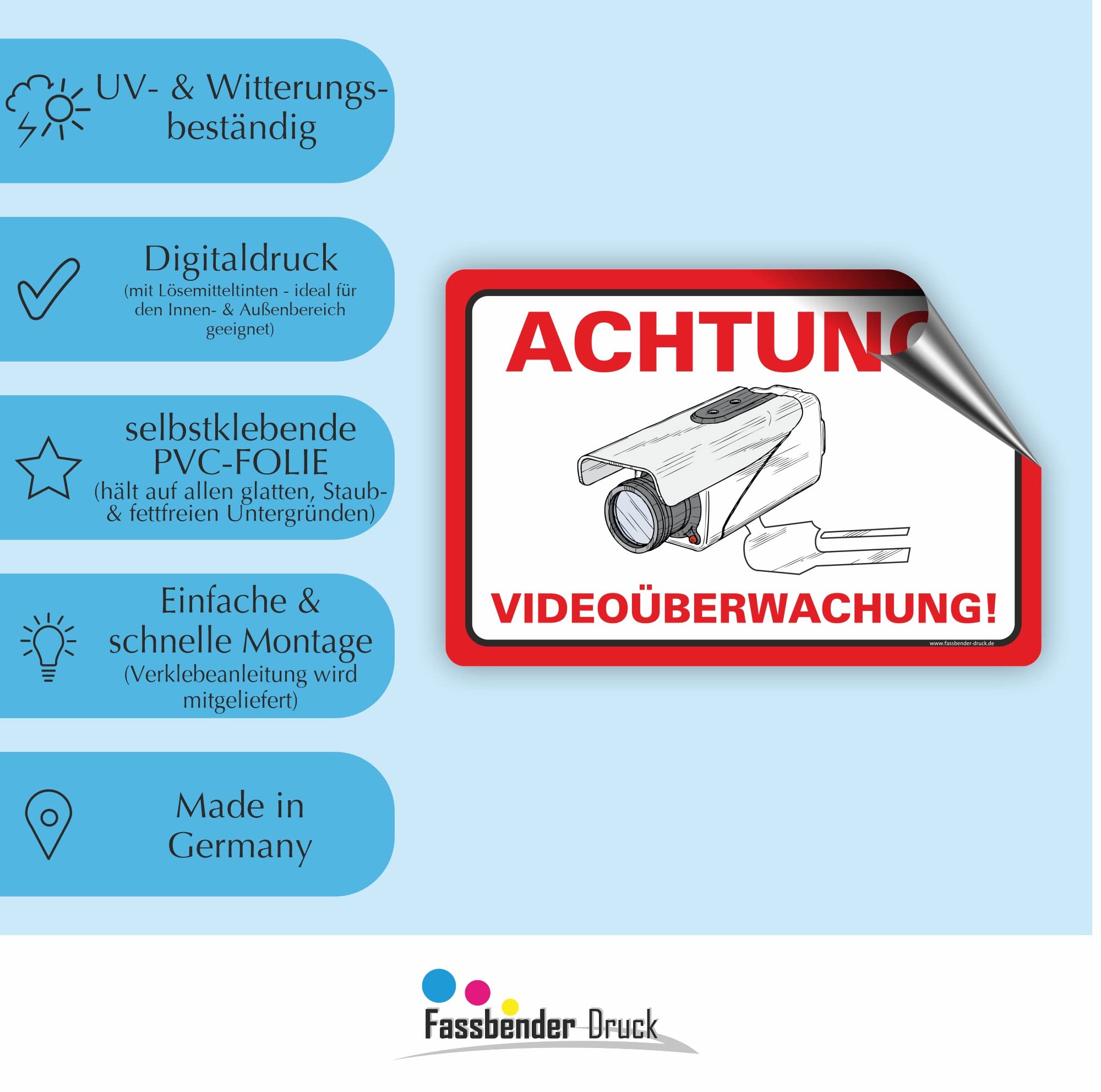 ACHTUNG VIDEOÜBERWACHUNG Schild zum Markieren eines videoüberwachten Bereiches - Aluverbundplatte für ein Videoüberwachungsschild - (90x60cm AUFKL.)