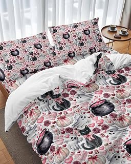 Halloween Duvet Cover Set of 4 Queen Size Pink Bow Cat Comforter Sets, Rose Love Heart Pumpkin Ghost Potion Bedding Set with Zipper Closure and 2 Pillow Cases, Soft Bed Covers for All Season