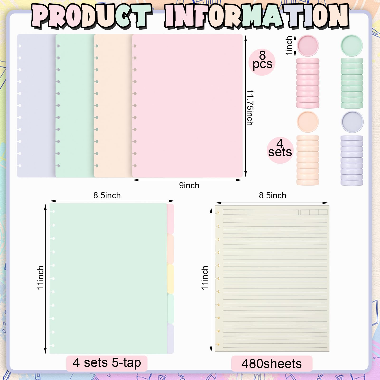Glenmal Set di 4 quaderni con rilegatura a disco, 21,6 x 27,9 cm, formato lettera, include dischi, 5 divisori per note, pagine rimovibili a righe universitarie, pagine rimovibili ricaricabili per