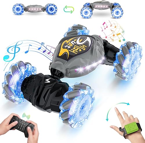 Auto de control remoto, 2.4 GHz, auto de acrobacias RC con detección de gestos LED, 4WD de rotación de doble cara con luces y música, automóvil de