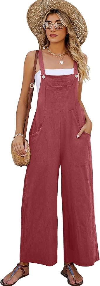 Womens Cotton Bib Overalls Casual Wide Leg Jumpsuit Baggy Sleeveless Rompers