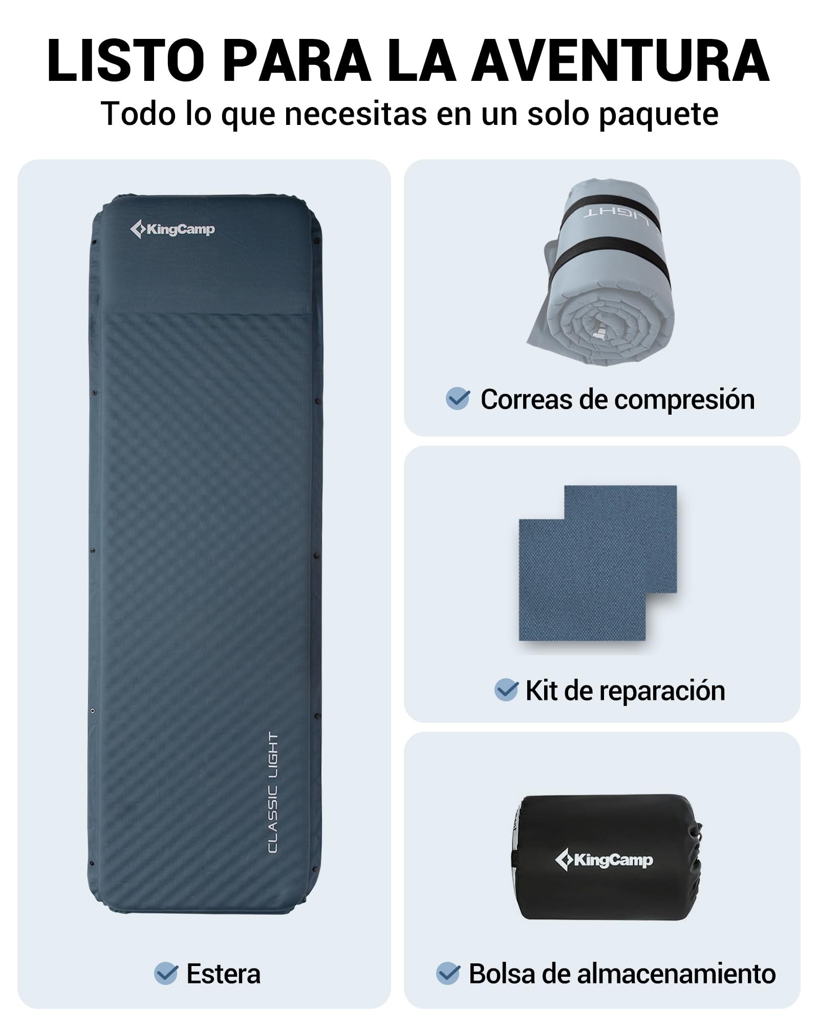KingCamp Colchoneta de camping autoinflable individual ultraligera compacta cama de aire cómoda colchón enrollable