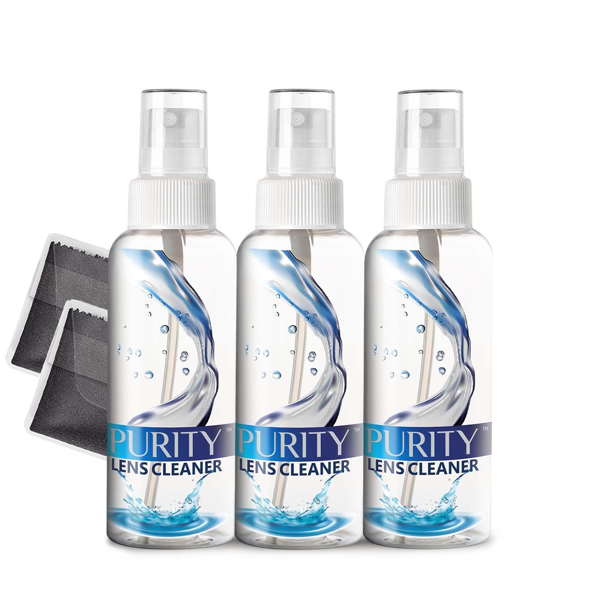 Purity Eyeglass Lens Cleaner Kit - 3 x 2oz Travel Size Lens Cleaner Spray Bottle + 2 Microfiber Cleaning Cloths - Safe for All Lenses (AR Coated Included), Eyeglasses and Screens - Clear