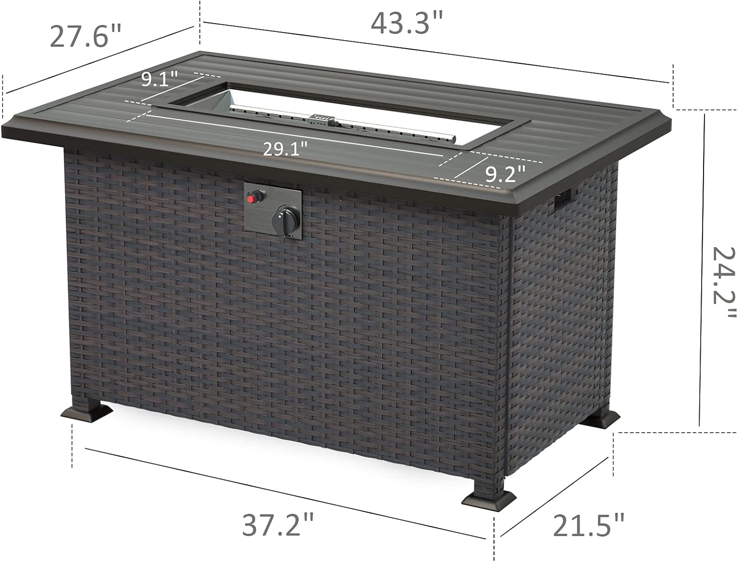 ALAULM Outdoor Propane Gas Fire Pit Table 43in,55,000 BTU with Rectangular Tabletop,Auto-Ignition,Adjustable Flame,Windshield,Brown PE Rattan & CSA Certification