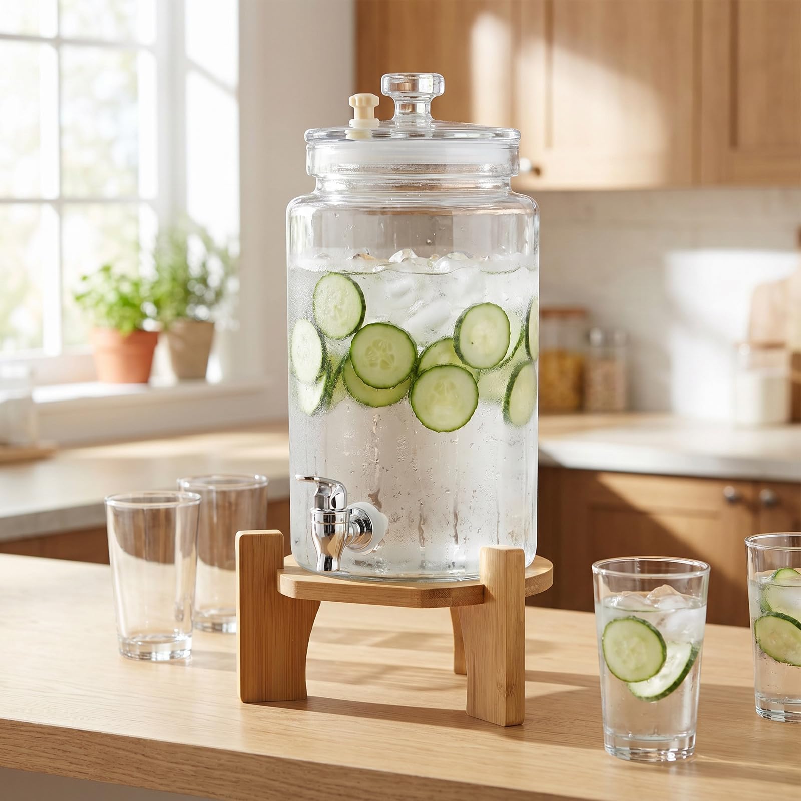 OUNONA Getränkespender für Kaltgetränke, 2,5-Liter-Glasbehälter mit Holzständer für Eistee, Saft und aromatisiertes Wasser, ideal für sommerliche Partys