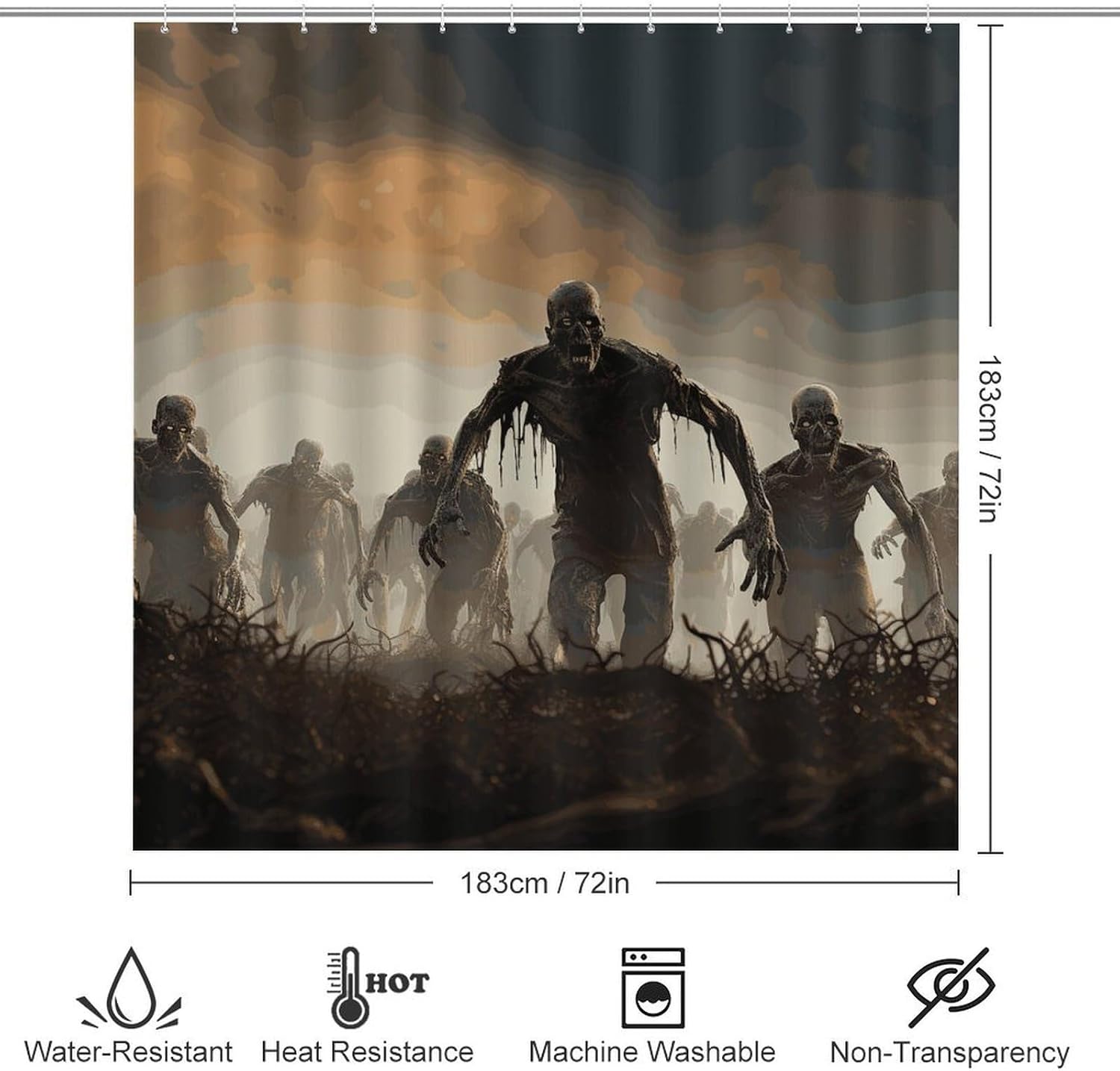 Many Zombie Shower Curtain Set 4 Piece, Non-Slip Bath Mat with Toilet Lid Cover and Waterproof Shower Curtain with 12 Hooks, Complete Bathroom Set for Home Decor