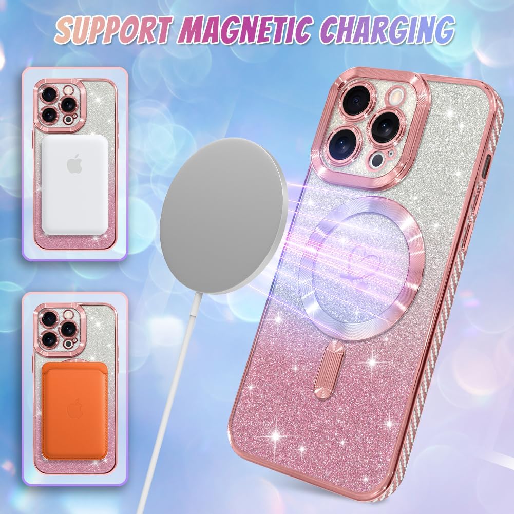 Bonoma Compatible with iPhone 13 Pro Max Case Support for MagSafe, Plating Heart Glitter Magnetic Case 2* Screen Protector TPU Camera Protection Back Cover for Girls Women -Pink - Image 5