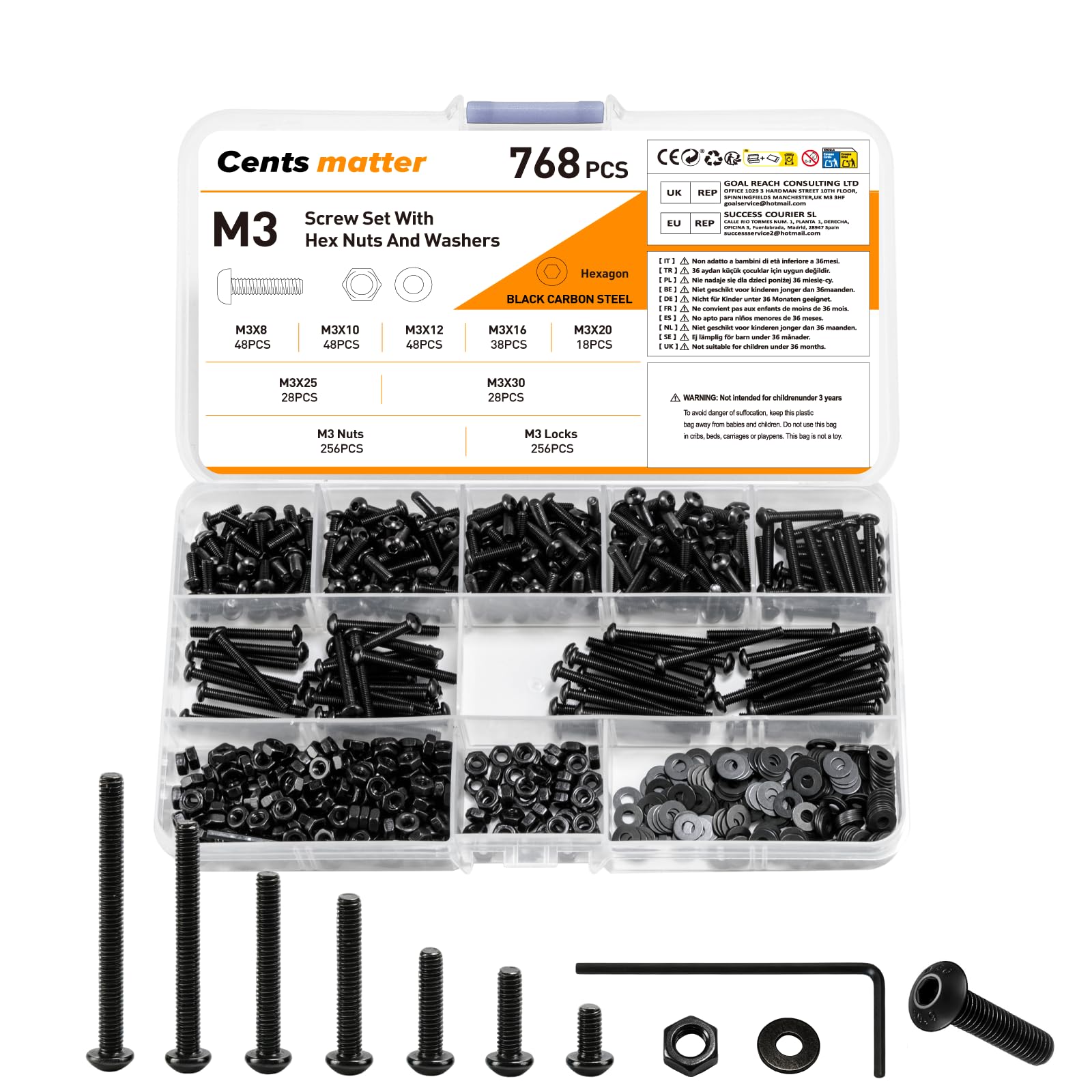 768 Pcs M3 Screws Set, M3 Bolts and Nuts Set, Assorted Nuts and Bolts Set, Hex Socket Head Cap Screws Bolts and Nuts Set with Washers Set, Pan Head Round Head Machine Screws Assortment Kit