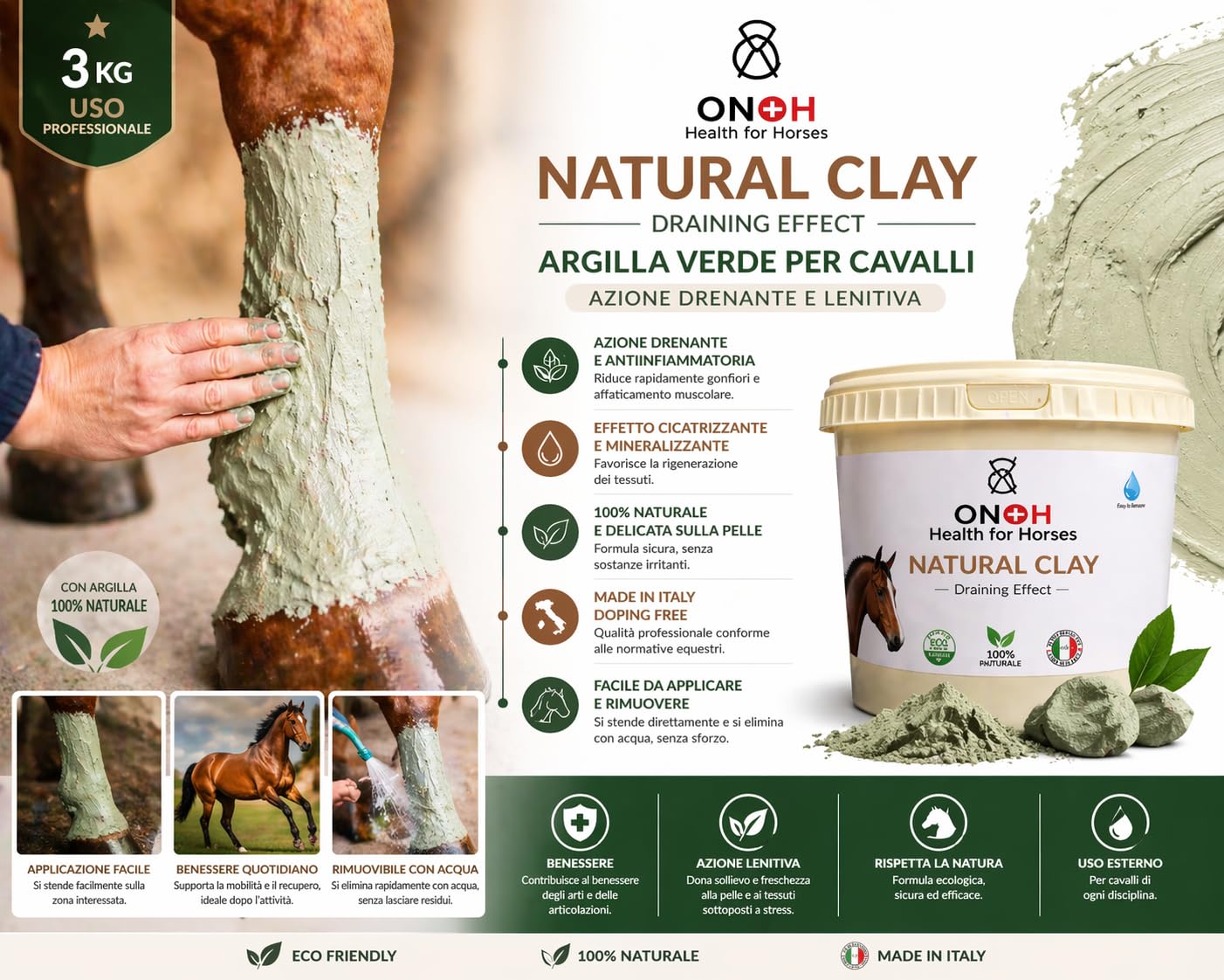 ON-H Natural Clay Argilla Verde per Cavalli 3 kg | Impacco Naturale per Muscoli, Tendini e Articolazioni | Effetto Rinfrescante | Ideale Dopo Allenamento, Gara e Lavoro Intenso Cavallo Sportivo