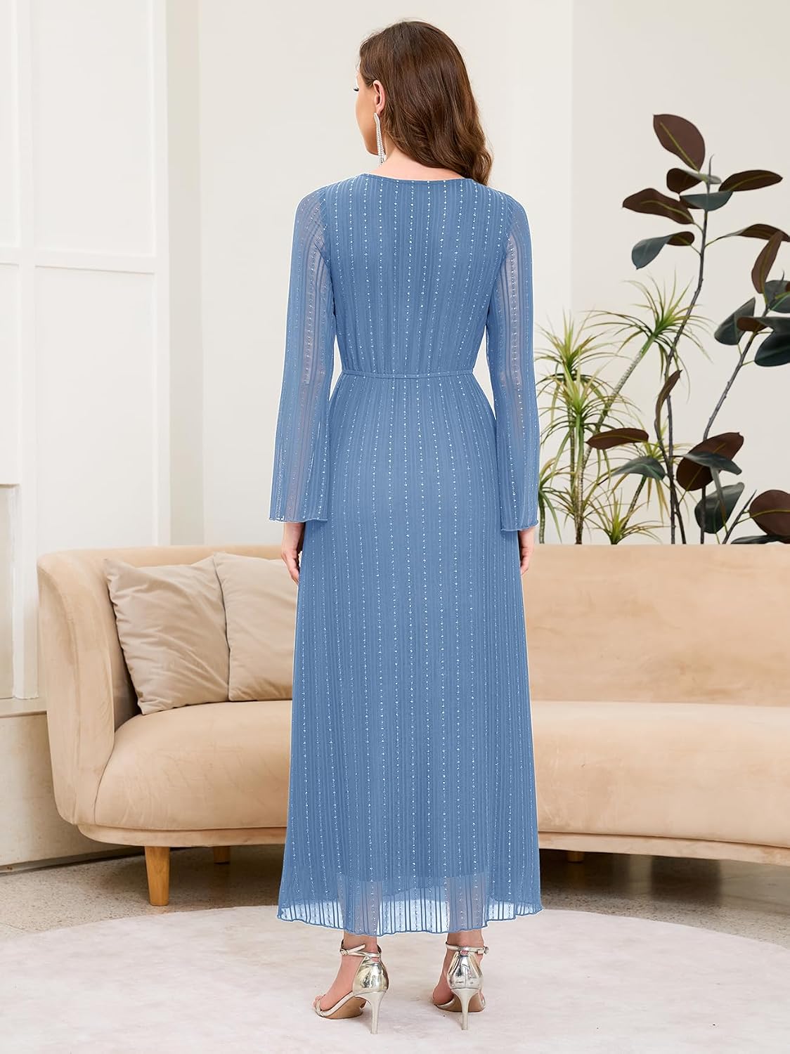 AISWI Maternity Sparkly Mesh Dress Bell Long Sleeve Round Neck A Line Flowy Pregnancy Dresses Baby Shower Semi Formal