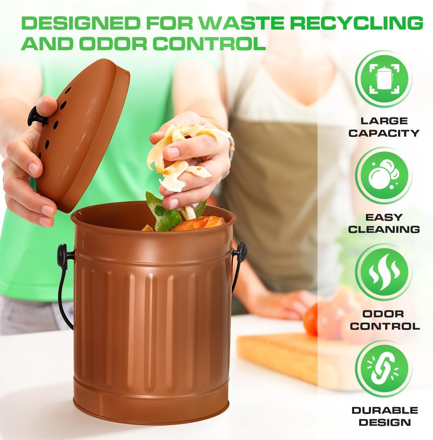 Plexon 1.5 Gallon Kitchen Compost Bin with Lid, Odor-Free Metal Compost Container, Copper Steel Waste Pail with Charcoal Filter for Indoor Use, Bronze Color